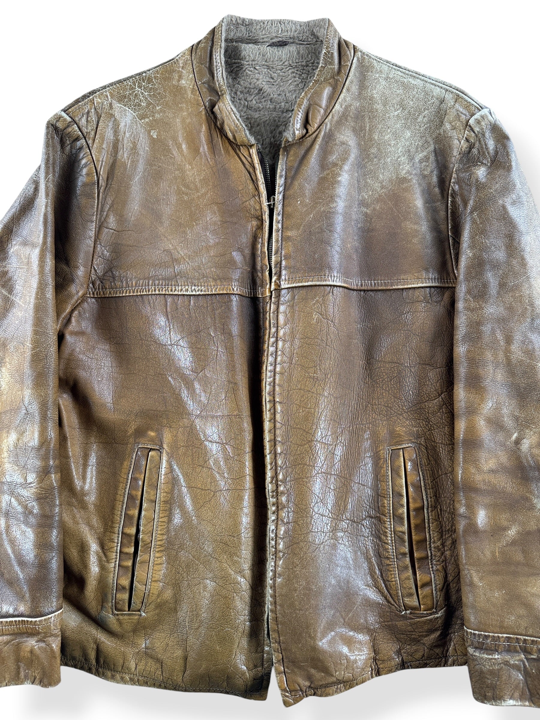 Close Up of Vintage Great Patina Lined Brown Cafe Racer Jacket SZ L