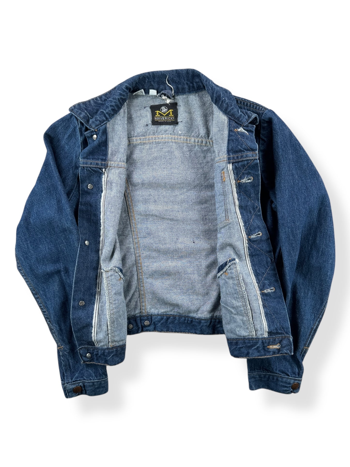 Inside of Vintage Women's Dark Maverick 3 Pocket Denim Jacket SZ XS