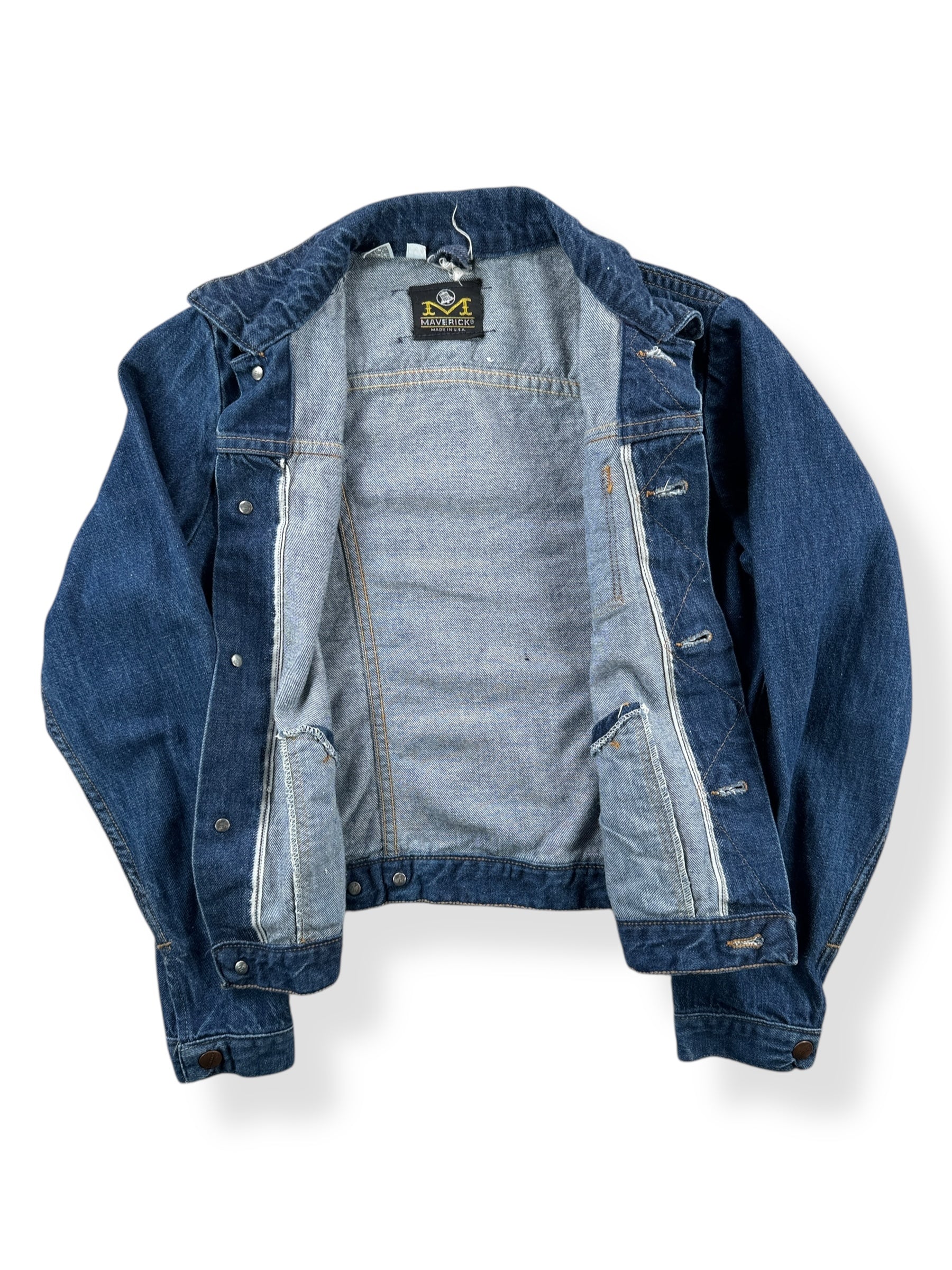 Inside of Vintage Women's Dark Maverick 3 Pocket Denim Jacket SZ XS