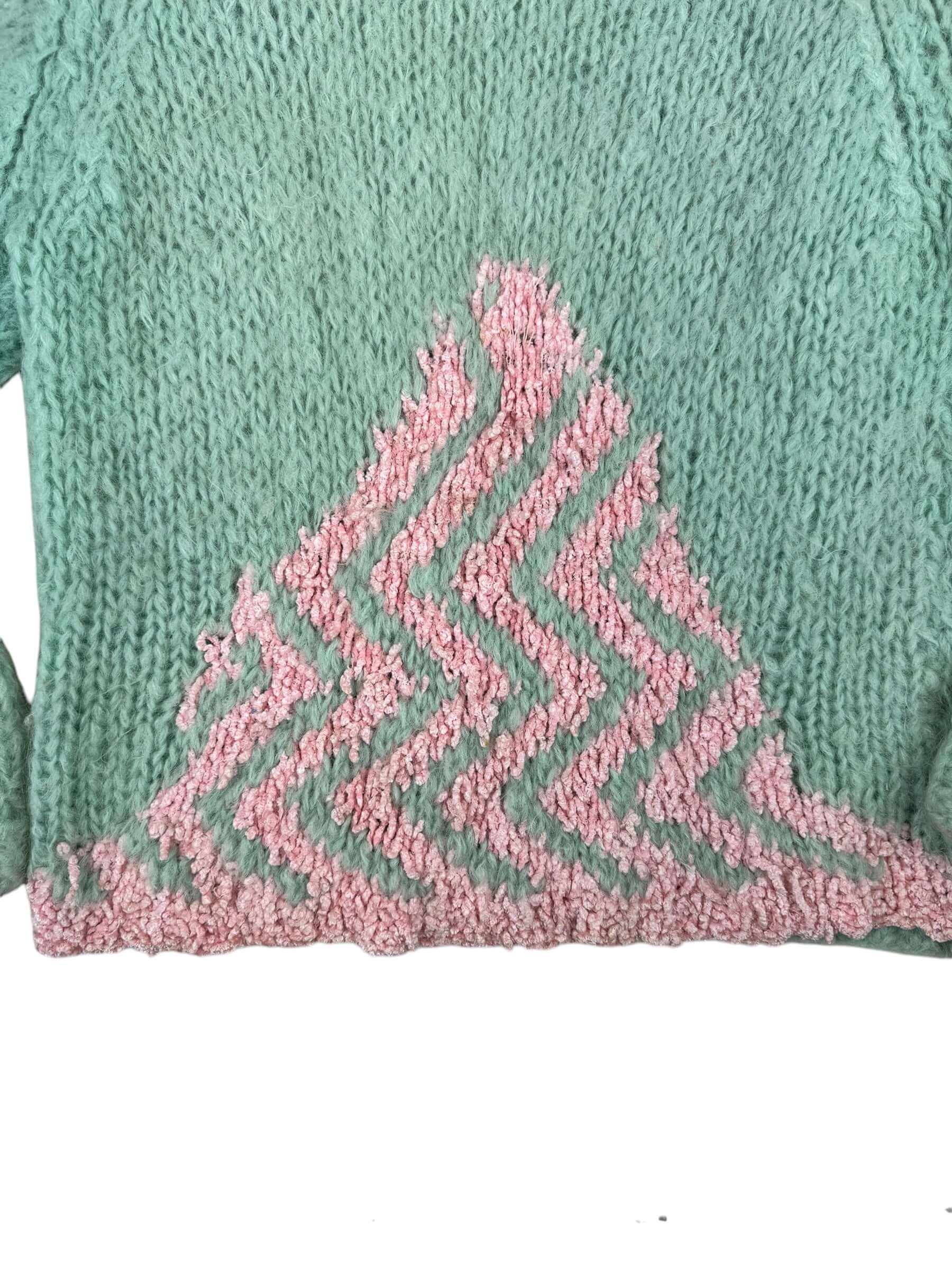 Close up of chenille knit of 1950s Nanette Mint Mohair Cowl Neck Sweater L