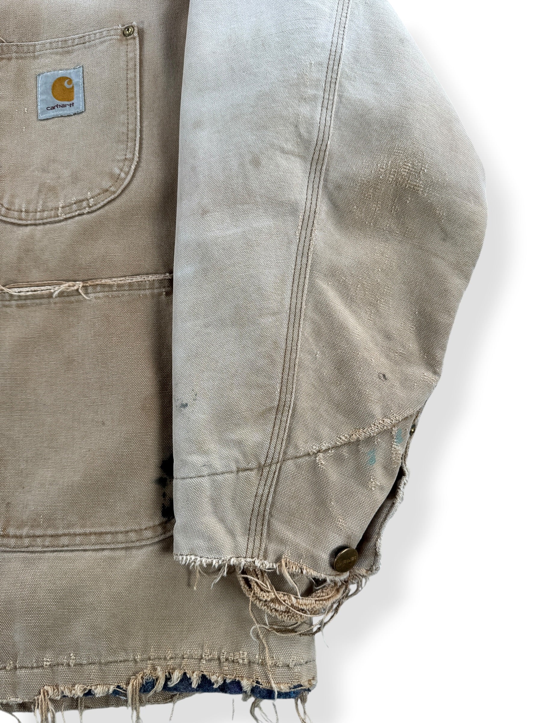 Distressing on Vintage Distressed Carhartt Chore Coat SZ XXL
