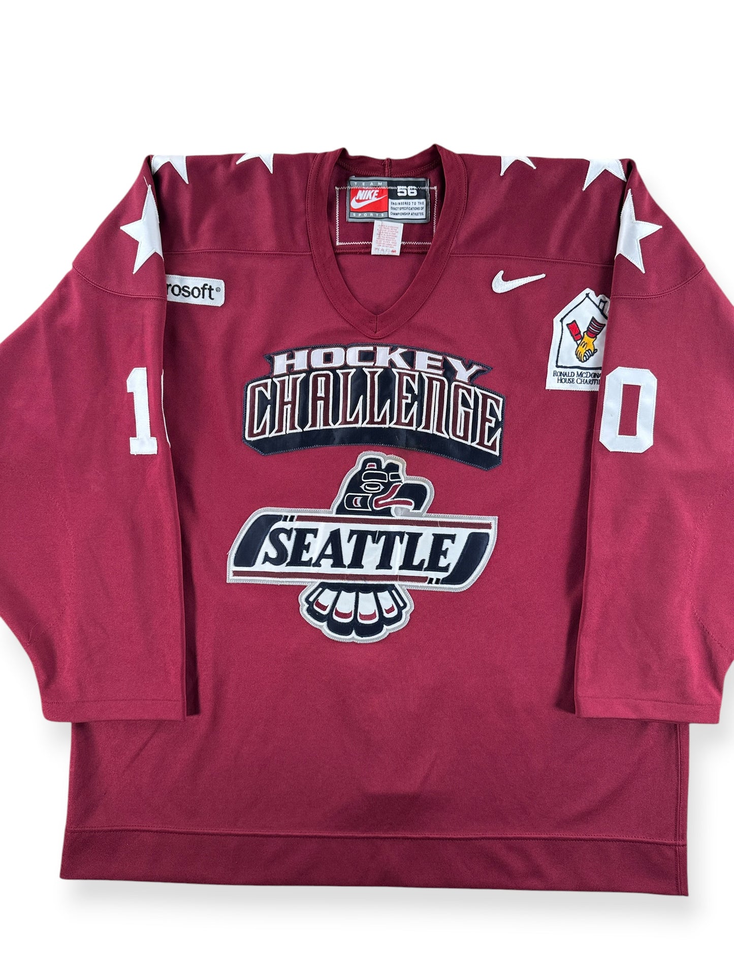 Front Close Up of Vintage Burgundy 2000s Seattle Thunderbirds Hockey Challenge Game Worn Jersey SZ 56