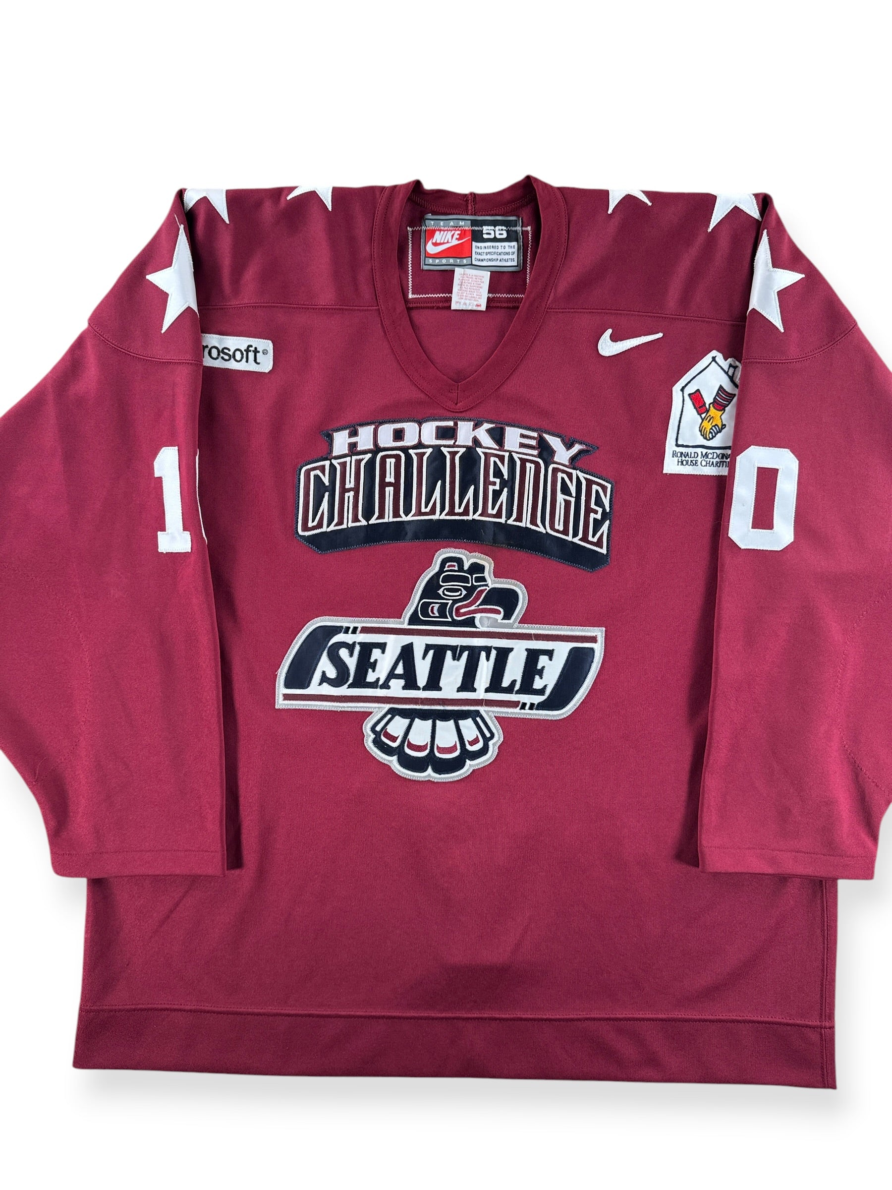 Front Close Up of Vintage Burgundy 2000s Seattle Thunderbirds Hockey Challenge Game Worn Jersey SZ 56