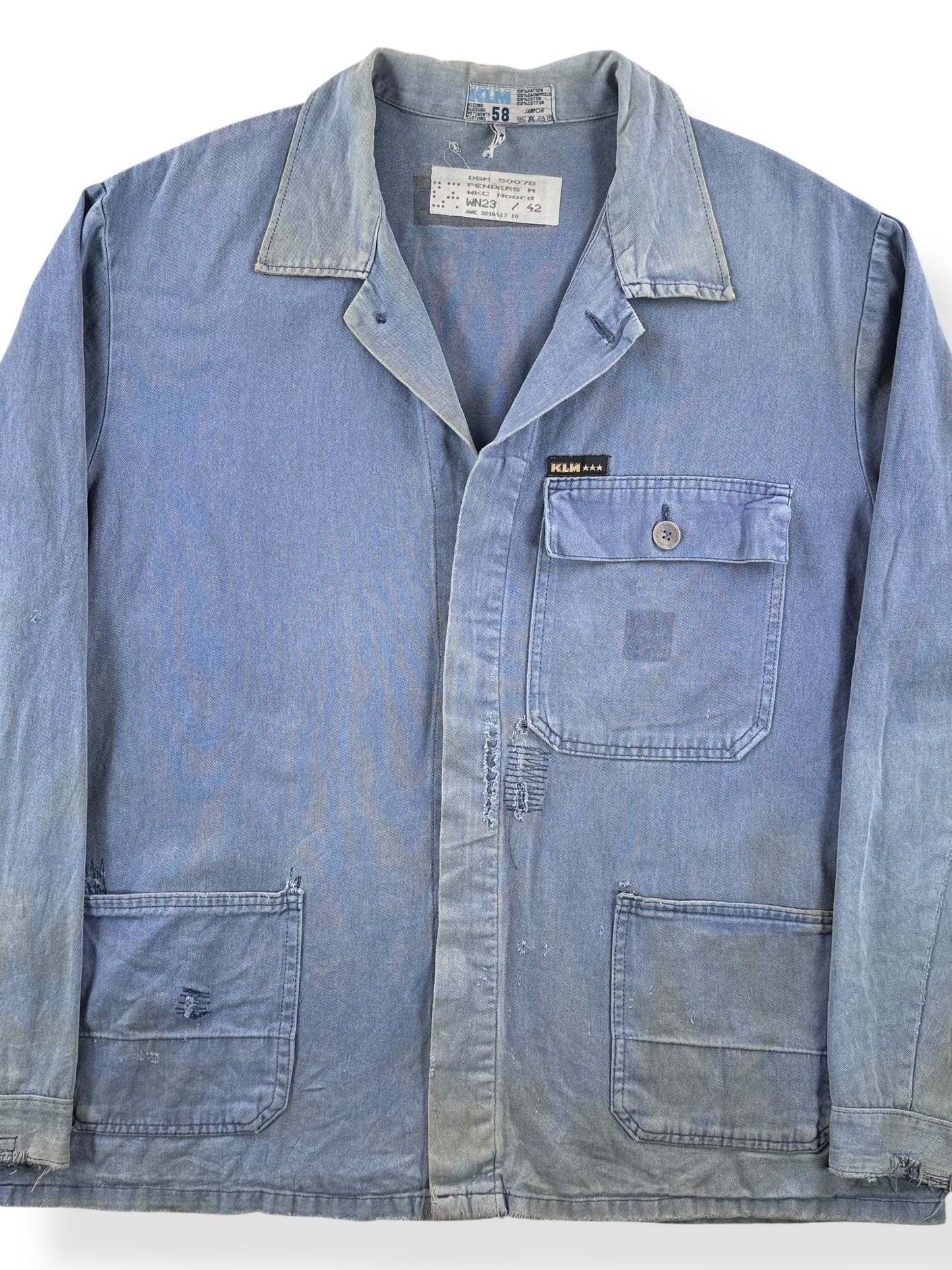 Front Close Up of Vintage Distressed KLM French Chore Coat SZ XL