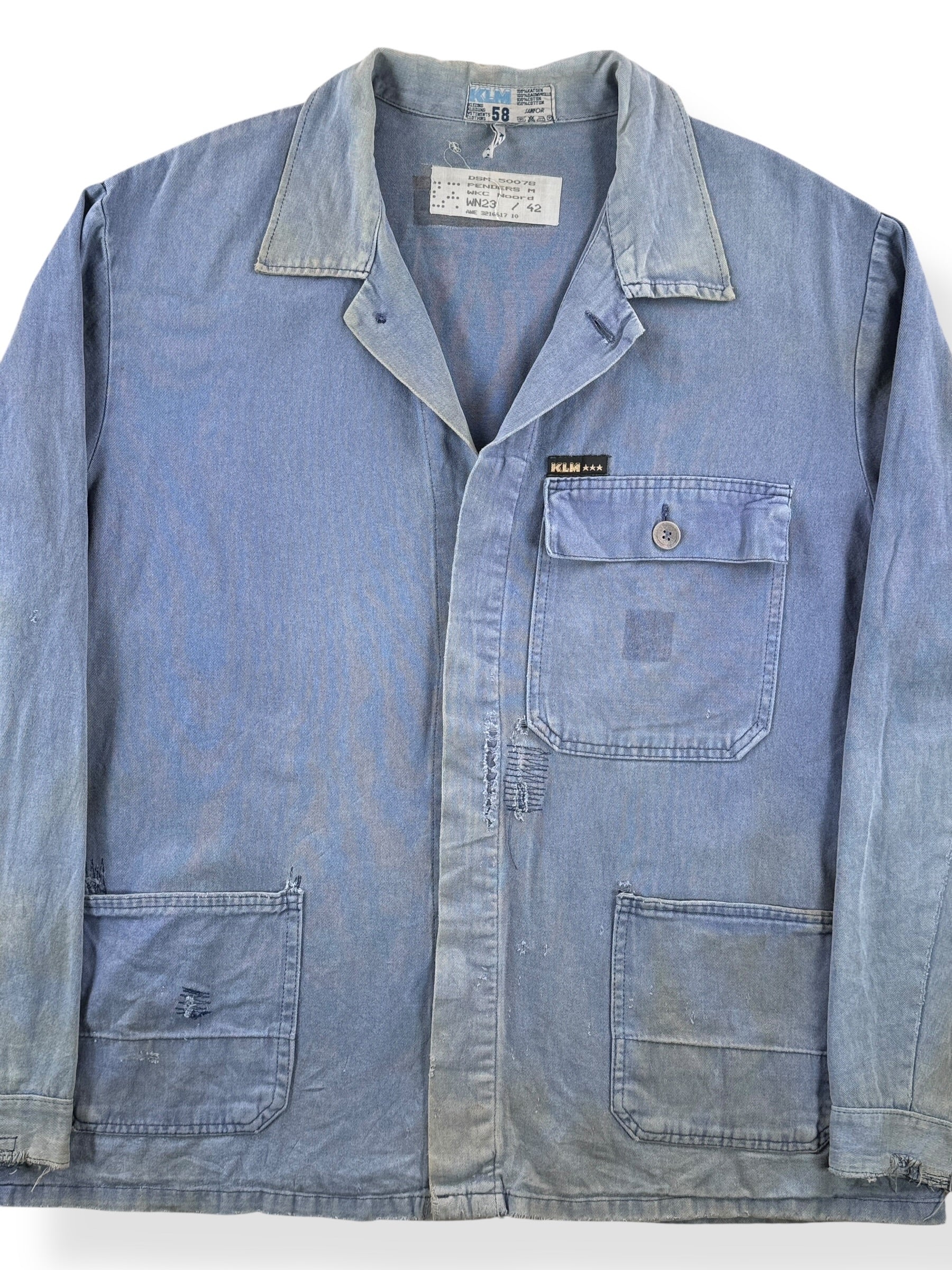 Front Close Up of Vintage Distressed KLM French Chore Coat SZ XL