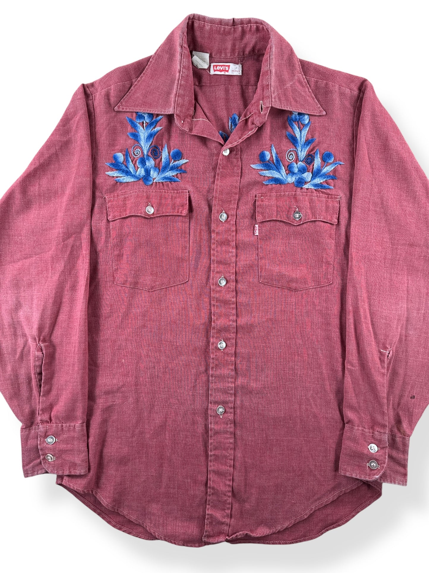 Front Close Up of Vintage Levis 50/50 Burgundy Button Up Shirt SZ M