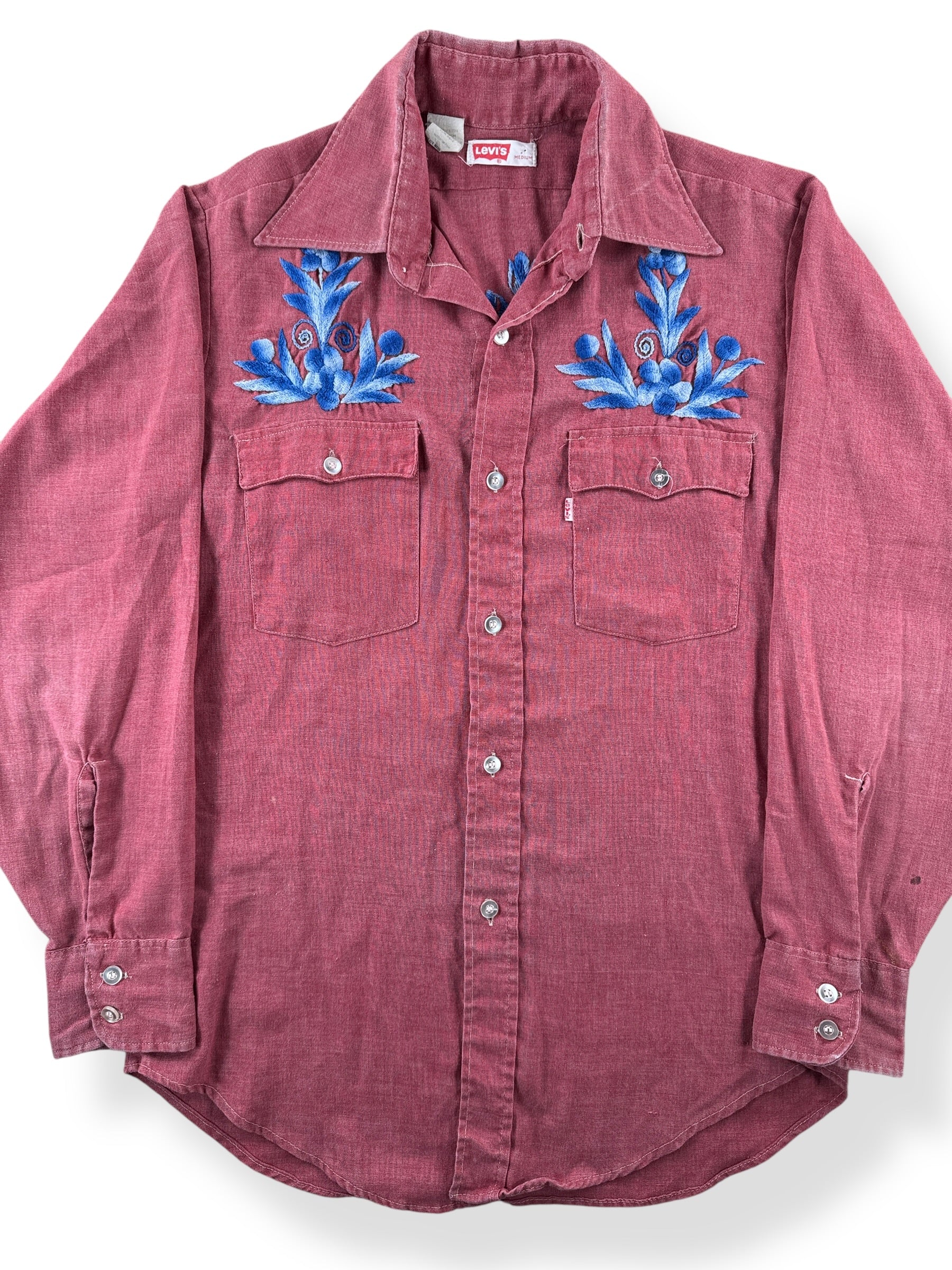 Front Close Up of Vintage Levis 50/50 Burgundy Button Up Shirt SZ M
