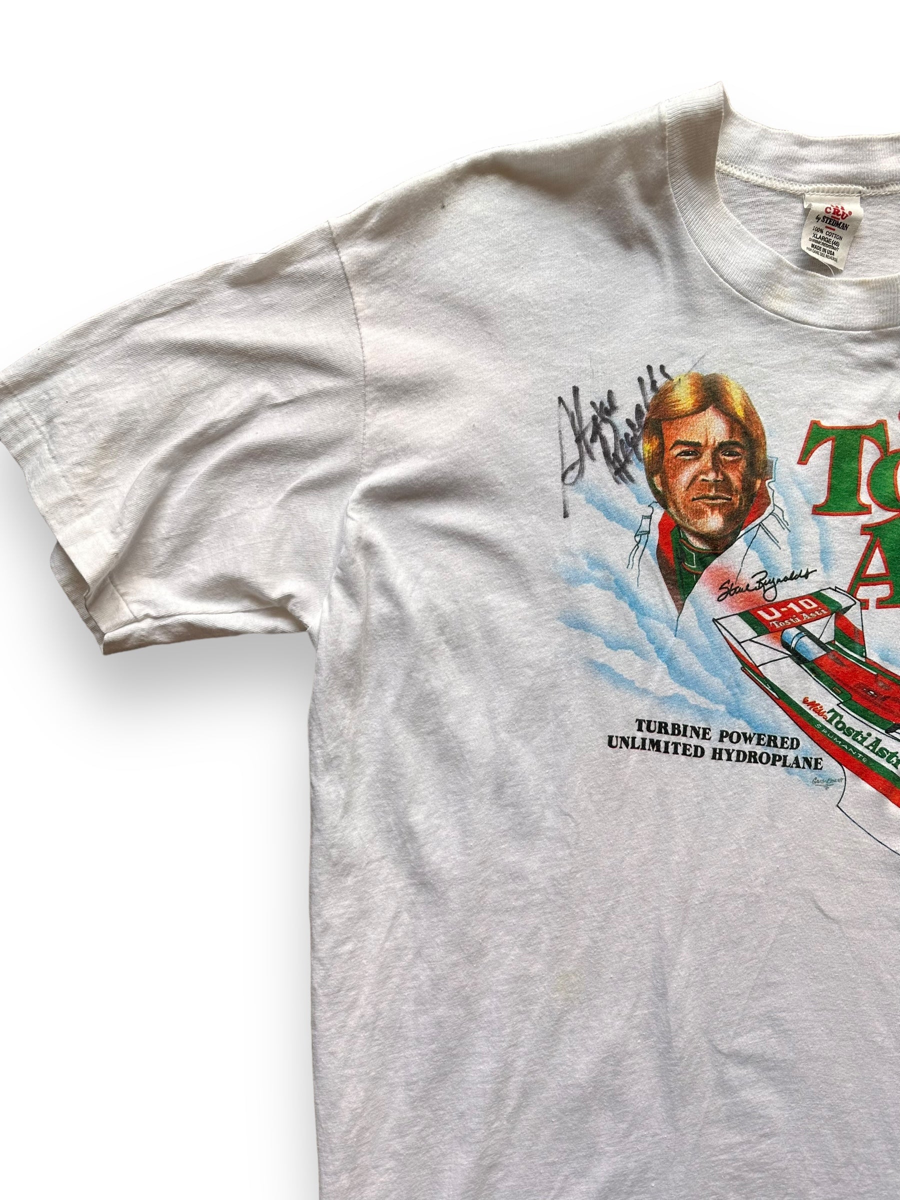 Front Right Shoulder View of Vintage Miss Tosti Asti Hydroplane Racing Tee SZ XL | Vintage Hydroplane T-Shirts Seattle | Barn Owl Vintage Clothing Seattle