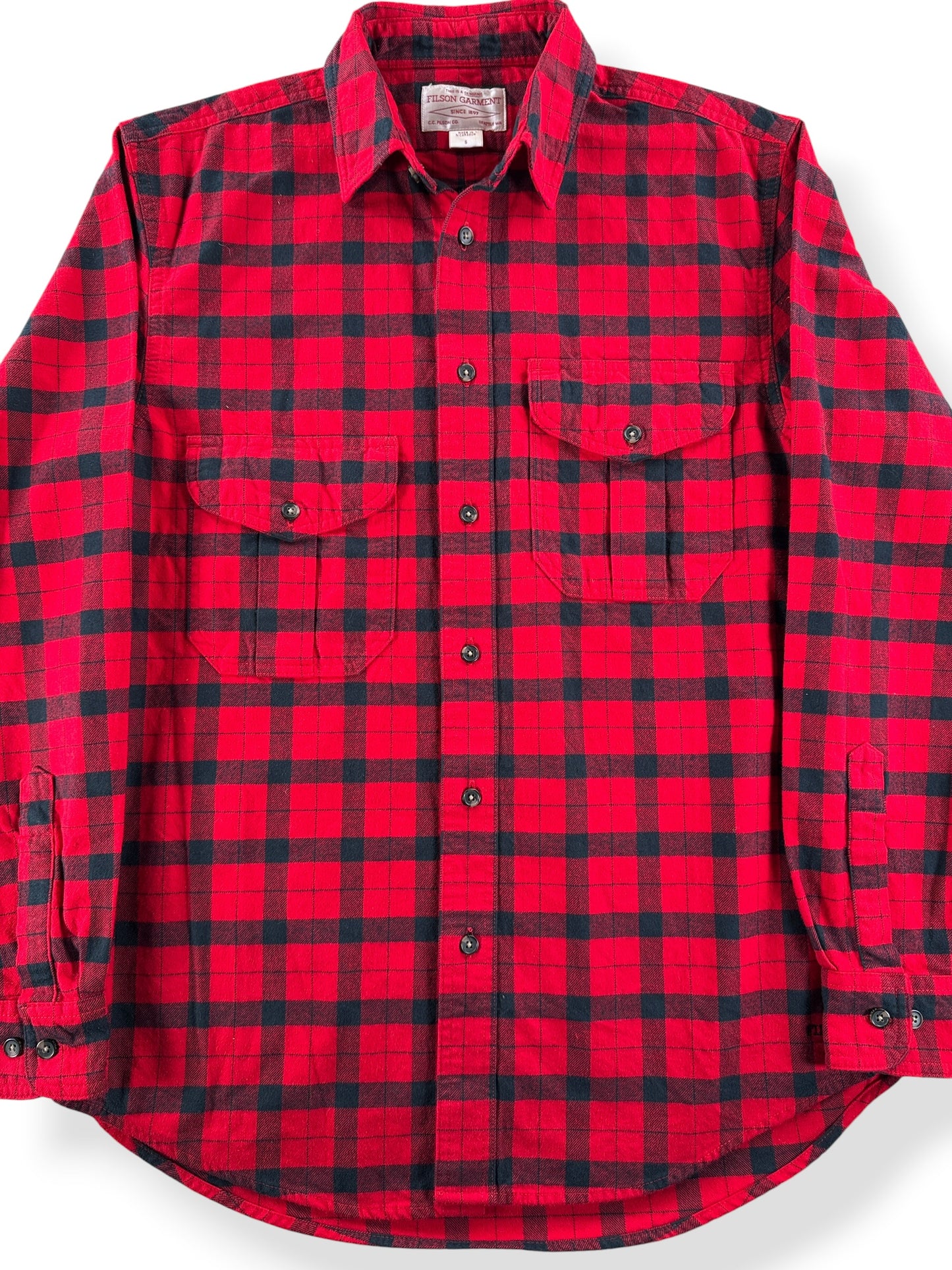 Front Close Up of Filson Red and Black Alaska Guide Shirt SZ S