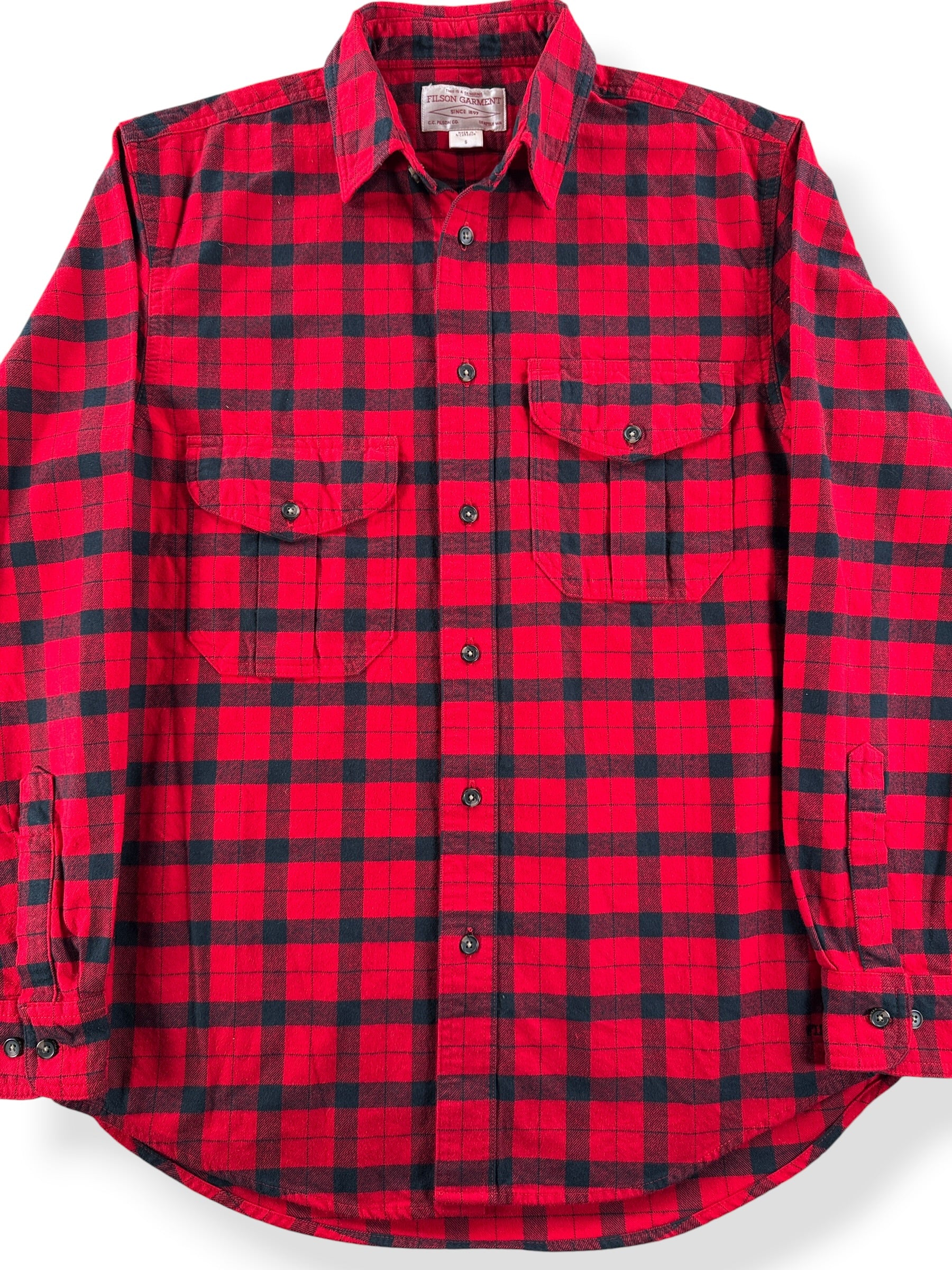 Front Close Up of Filson Red and Black Alaska Guide Shirt SZ S