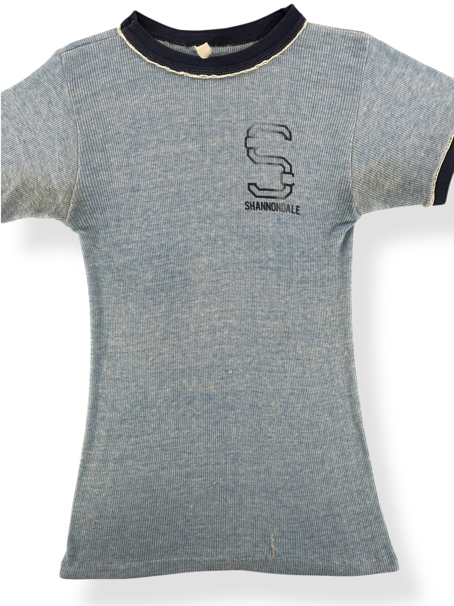 Front Close Up of Vintage Shannondale Stretchy Ringer Tee SZ XS