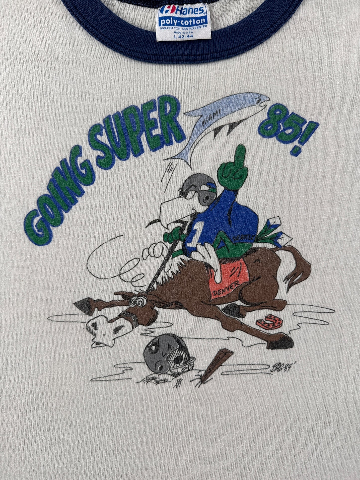Graphic on Vintage 1985 Seahawks Playoff Ringer Tee SZ L (Fits M)