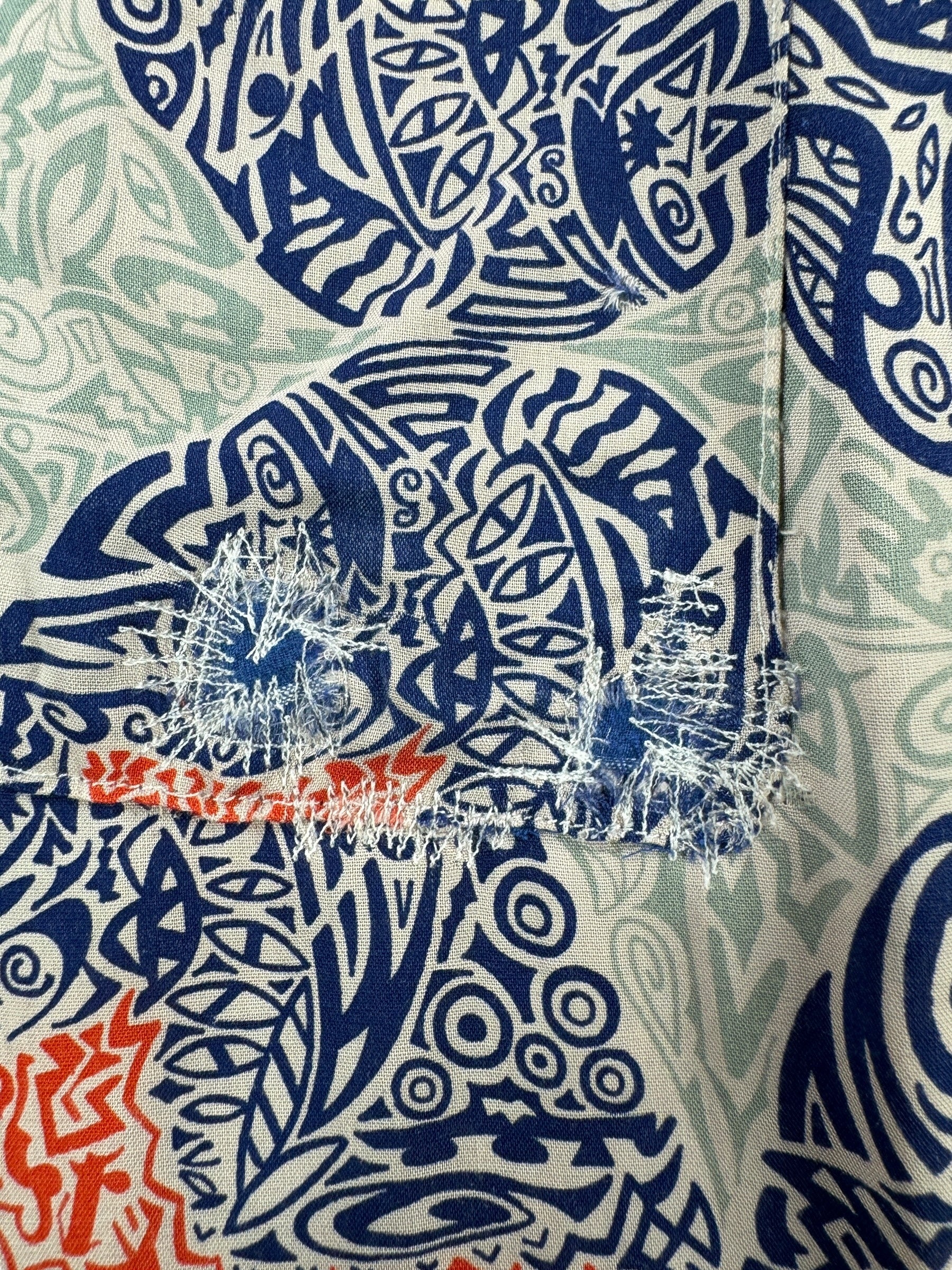 Repair on Pocket of Vintage Repaired Arrow Sanforset Rayon Aloha Shirt SZ L