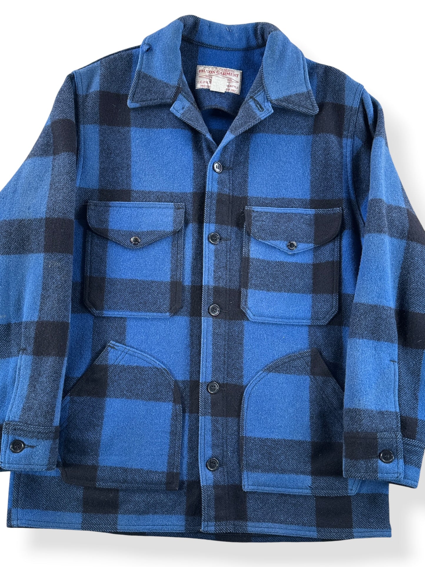 Front Close Up of Vintage Cobalt Blue Filson Hunting Mackinaw Jacket SZ L