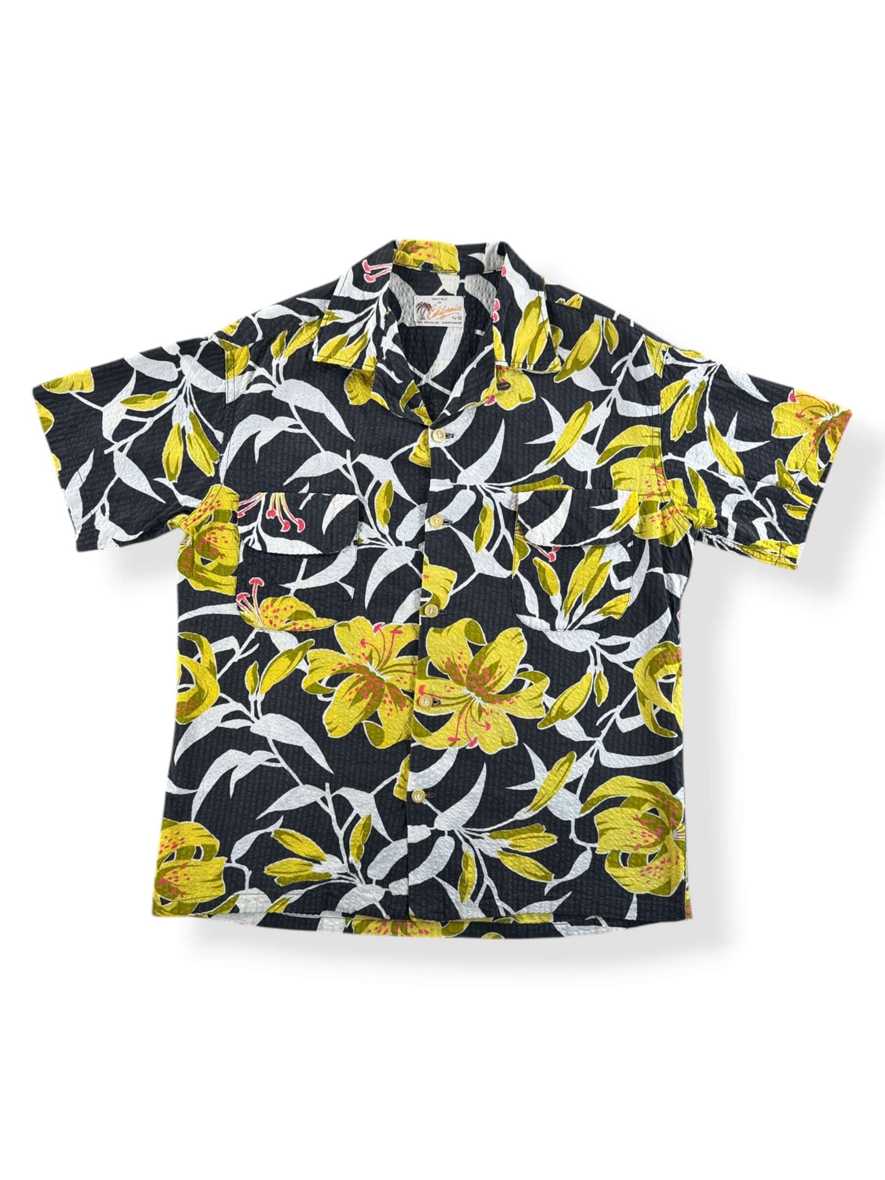 Front of Vintage Pan American Sportswear Black Floral Crepe Aloha Shirt SZ M