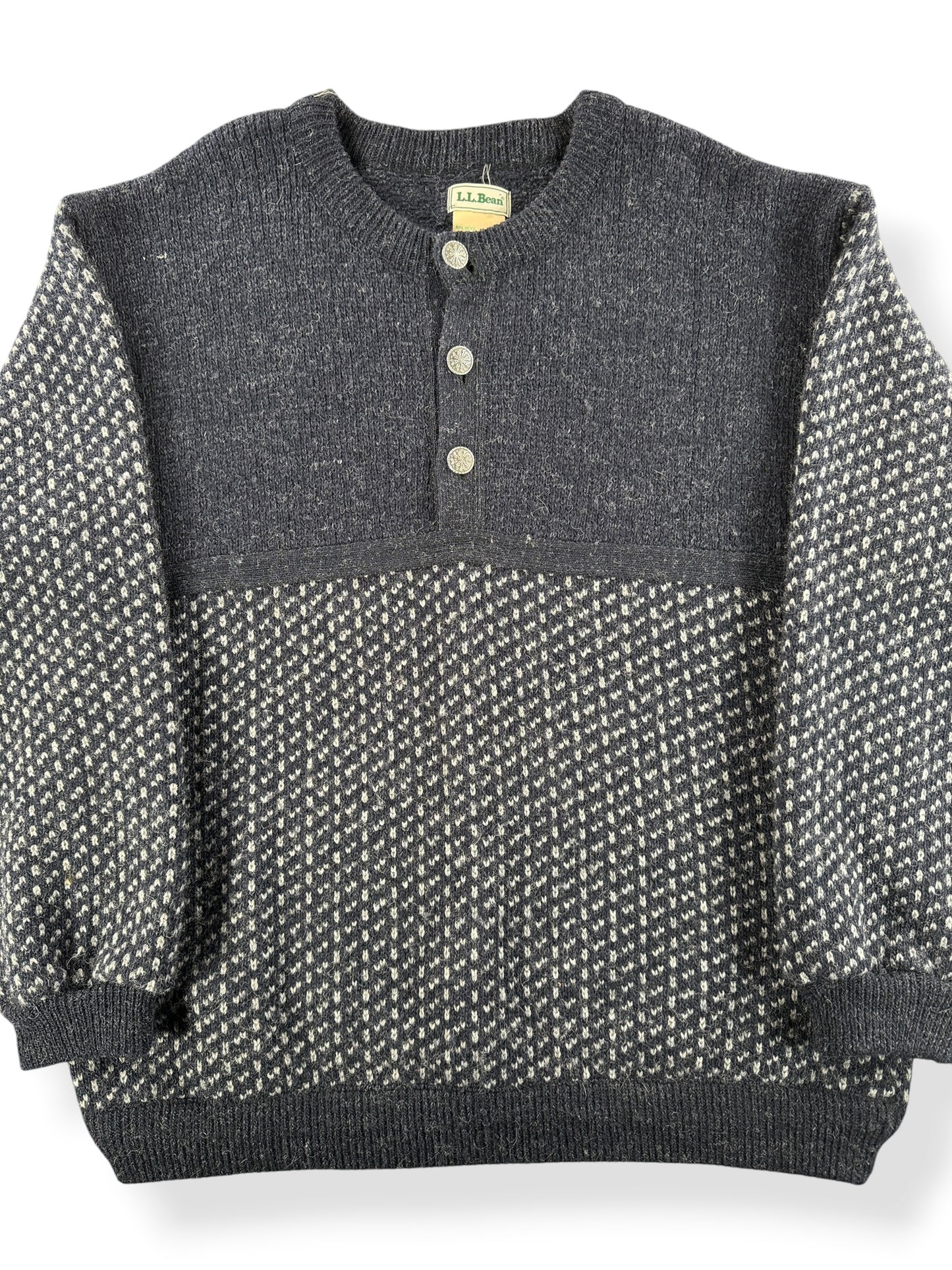 Front Close Up of Vintage L.L. Bean Birdseye Nordic Button Up Sweater SZ XL