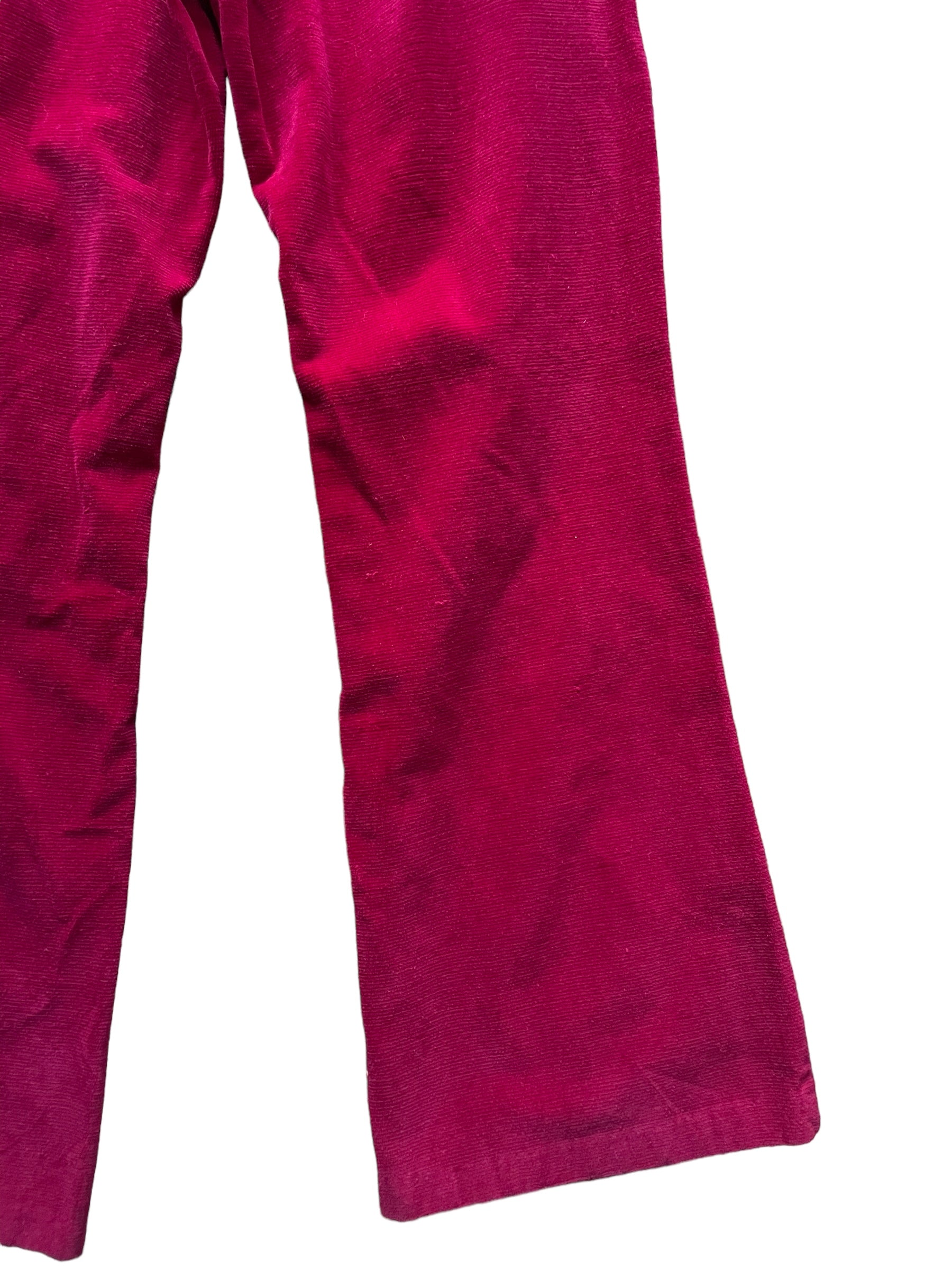 Back right leg view of Vintage 1970s Red Velvet Bell Bottoms sz S | Barn Owl Vintage Seattle | Vintage 70s Pants