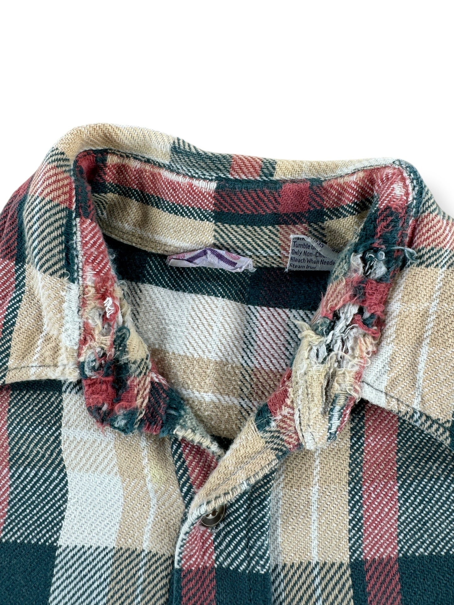 Distressing on Vintage 80s Big Mac Green & Salmon Cotton Flannel SZ L