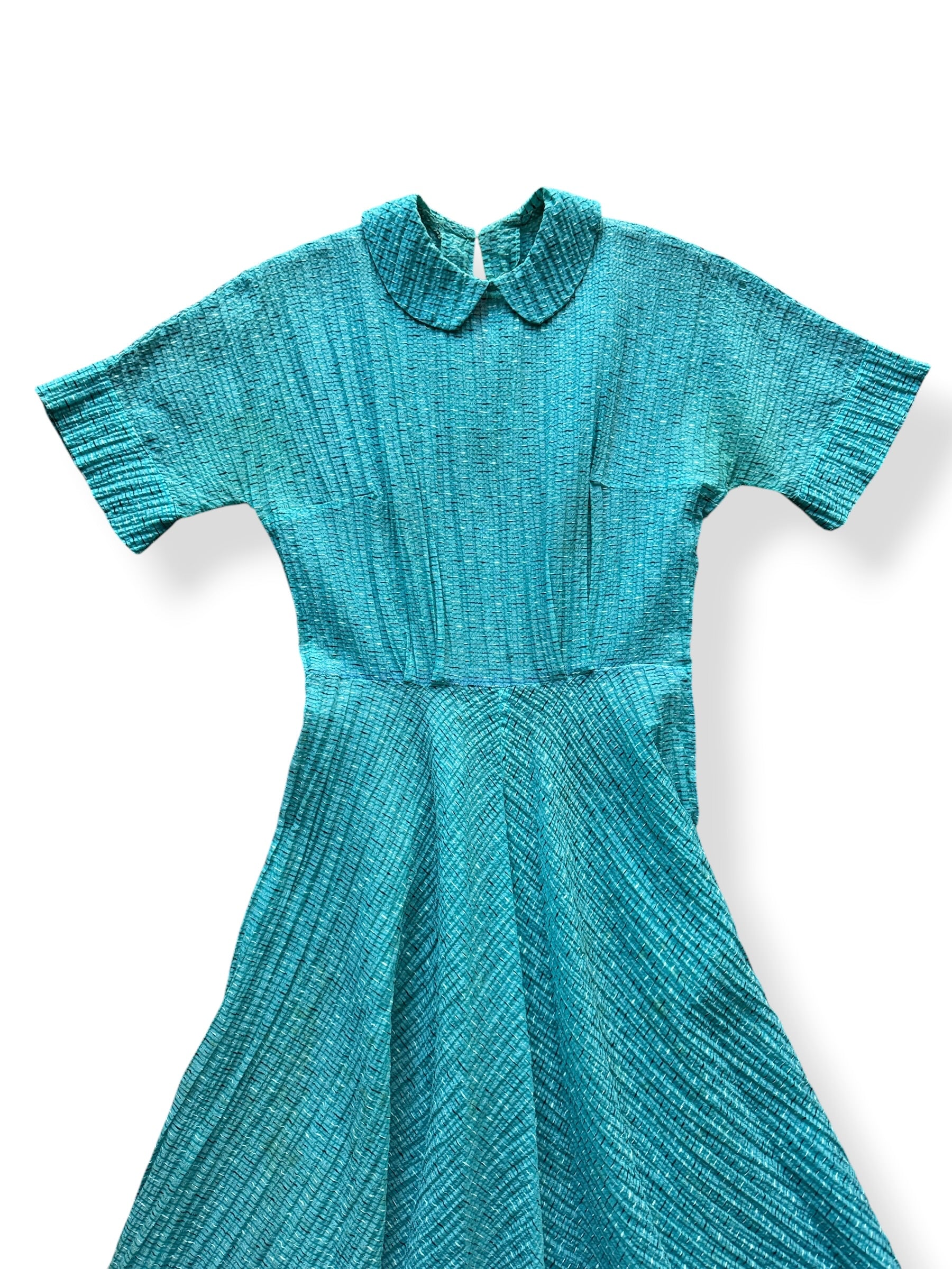 Front Close Up of Vintage Turquoise Nylon Dress SZ S/M - AS IS
