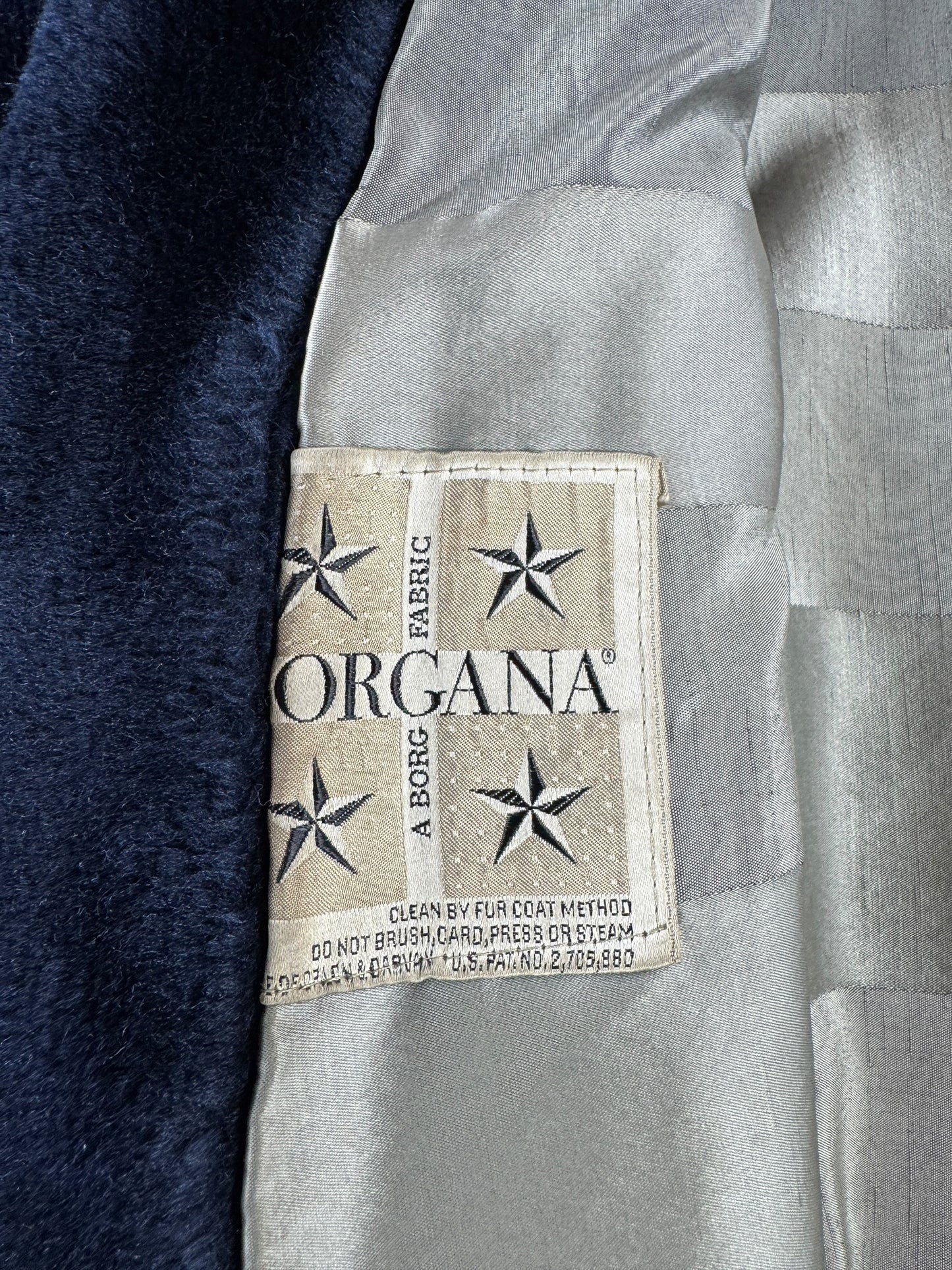 Label on Vintage 70s Organa Blue Faux Fur Coat SZ XL
