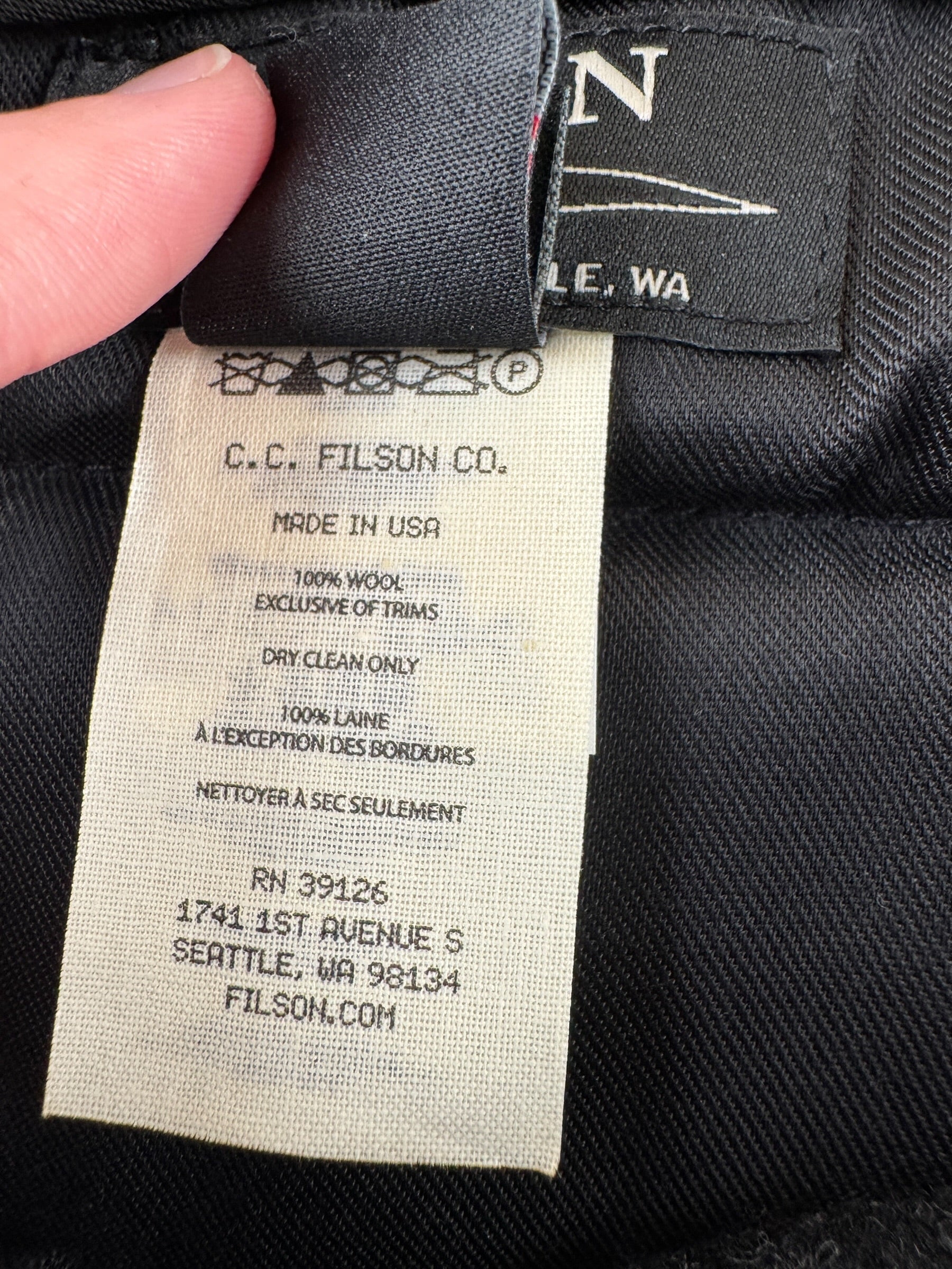 Tag on Filson Charcoal Mackinaw Wool Field Pants W36 (Fits W38)