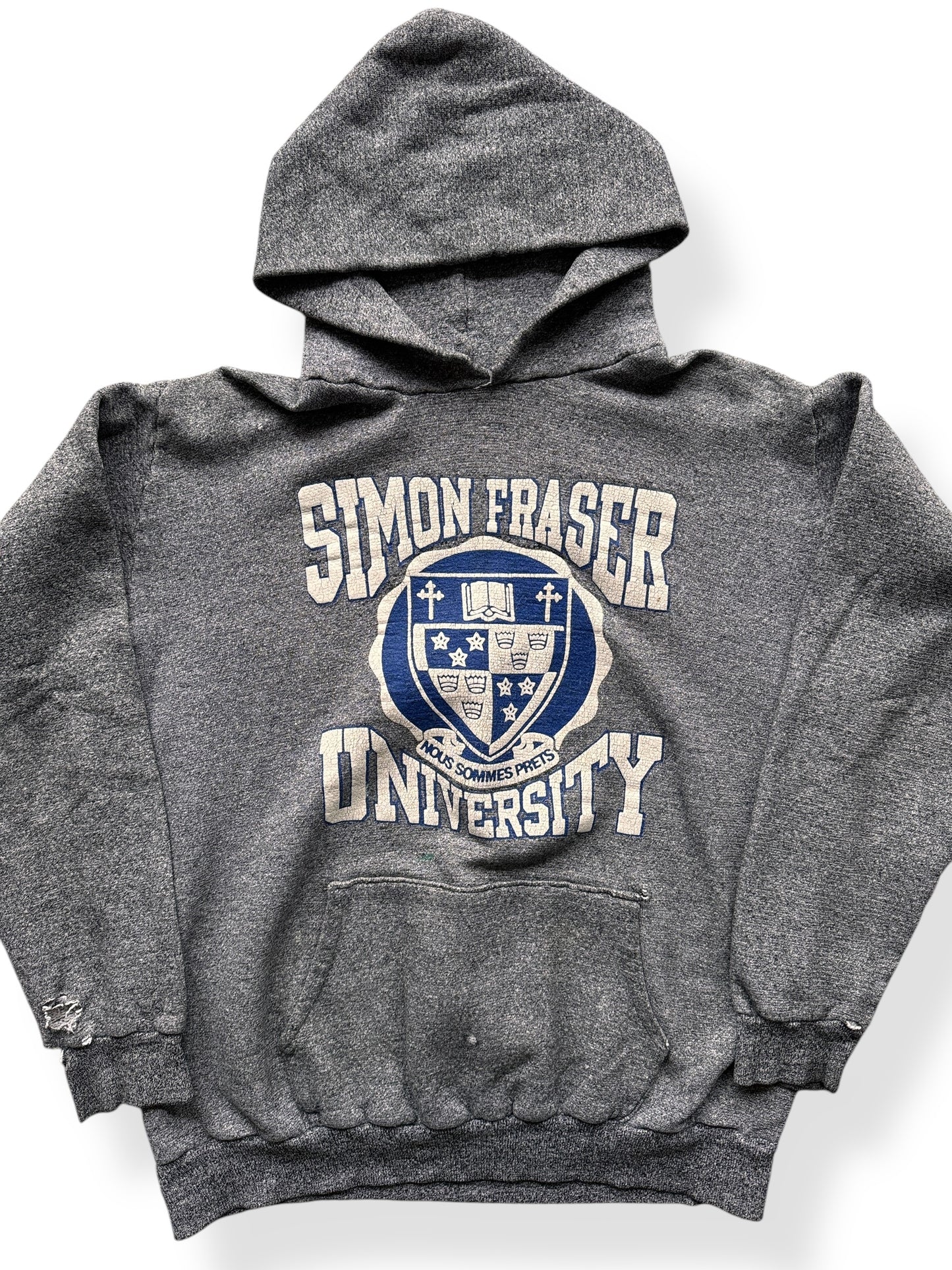 Front Close Up of Vintage Simon Fraser University Hoodie SZ M