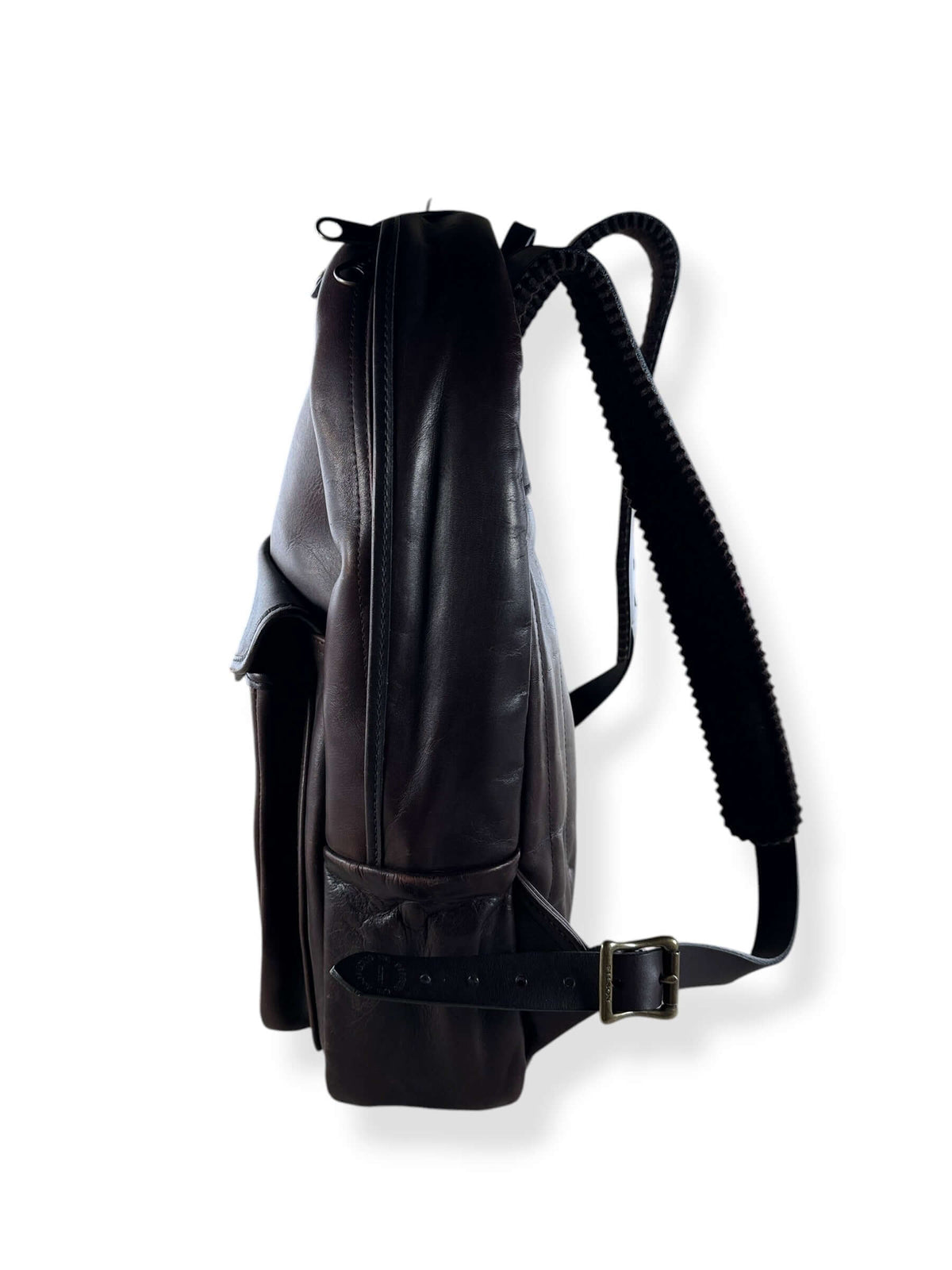 Side of Filson Weatherproof Sierra Brown Leather Journeyman Backpack
