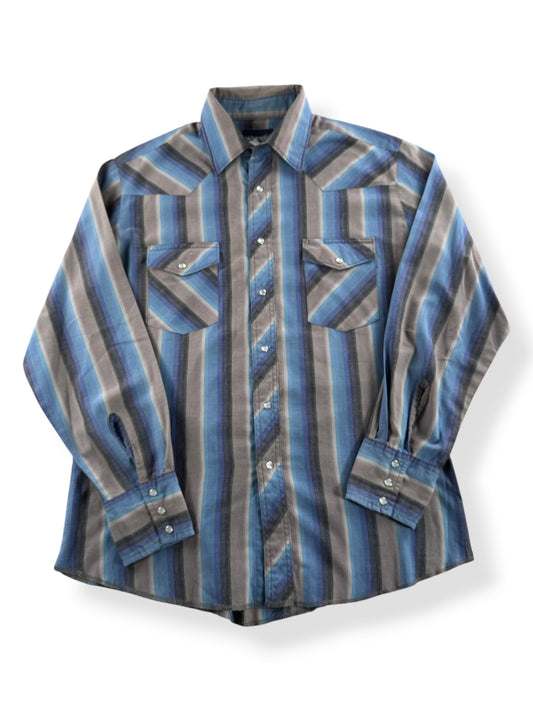 Front of Vintage Wrangler Blue Striped Pearlsnap SZ L