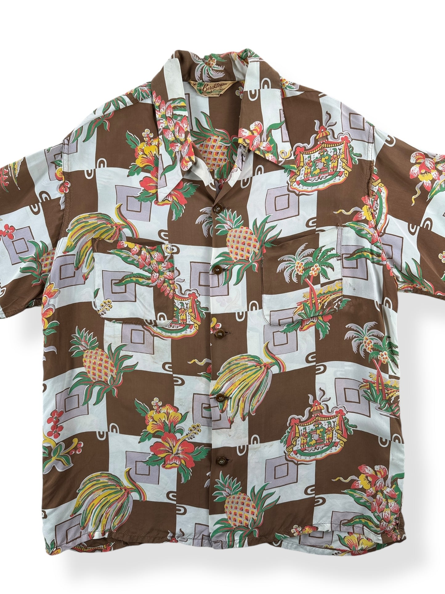 Front Close Up of Vintage Berketowne of Hollywood Aloha Shirt SZ M AS IS