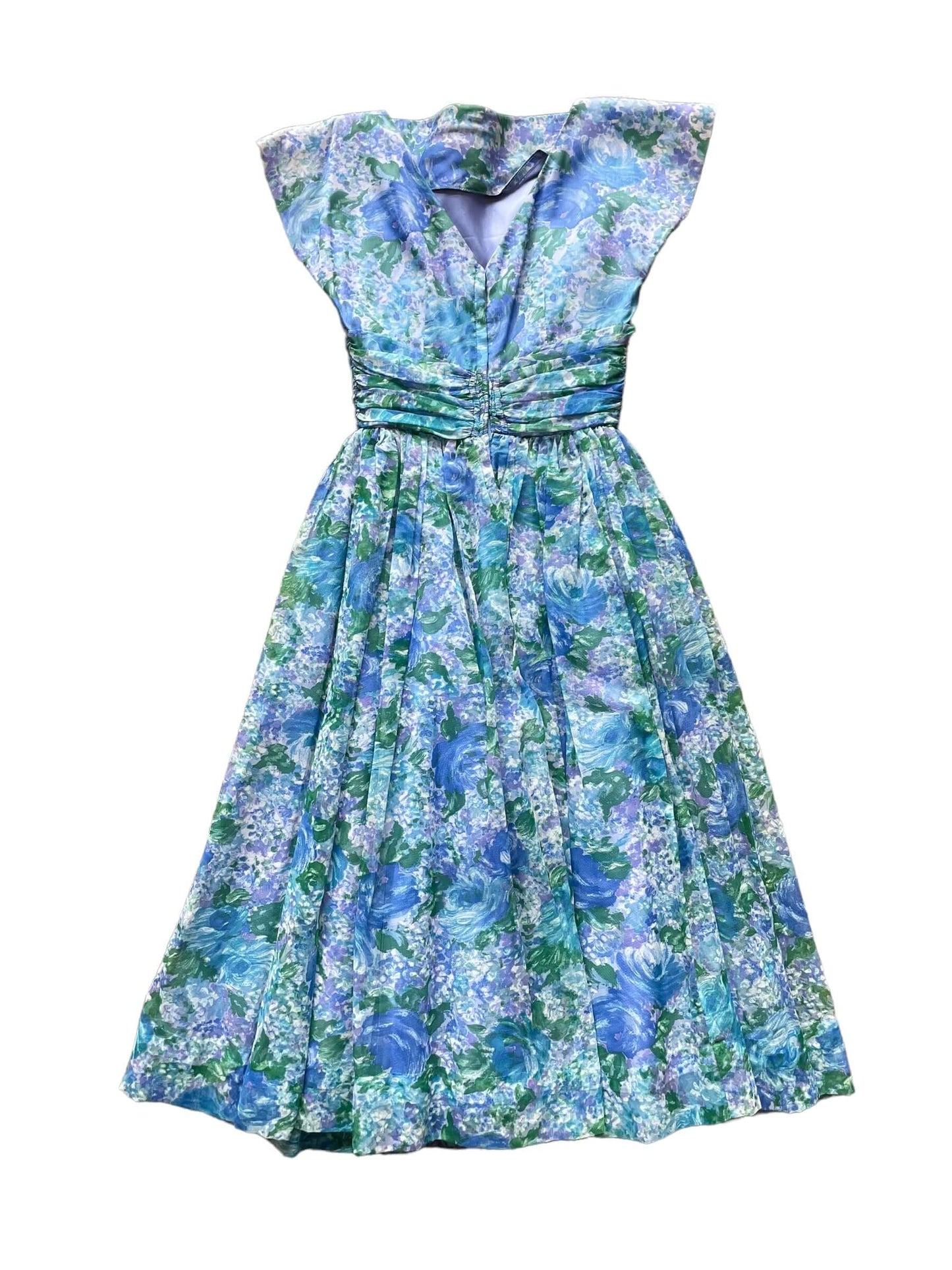 Full back view of Vintage 1950s Formal Blue Floral Dress SZ XS | Seattle True Vintage Dresses | Barn Owl Vintage Ladies Clothing