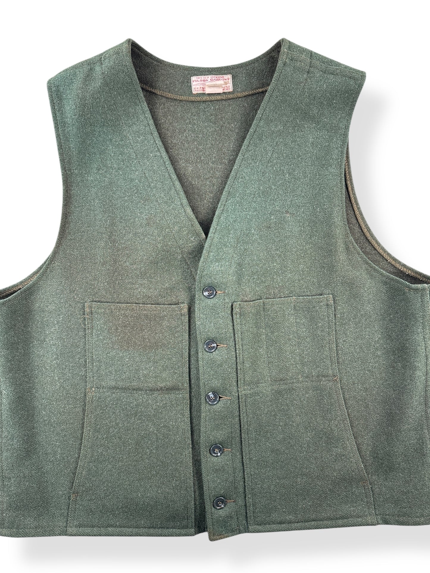 Front Close Up of Vintage Filson Mackinaw Wool Green Vest SZ 54