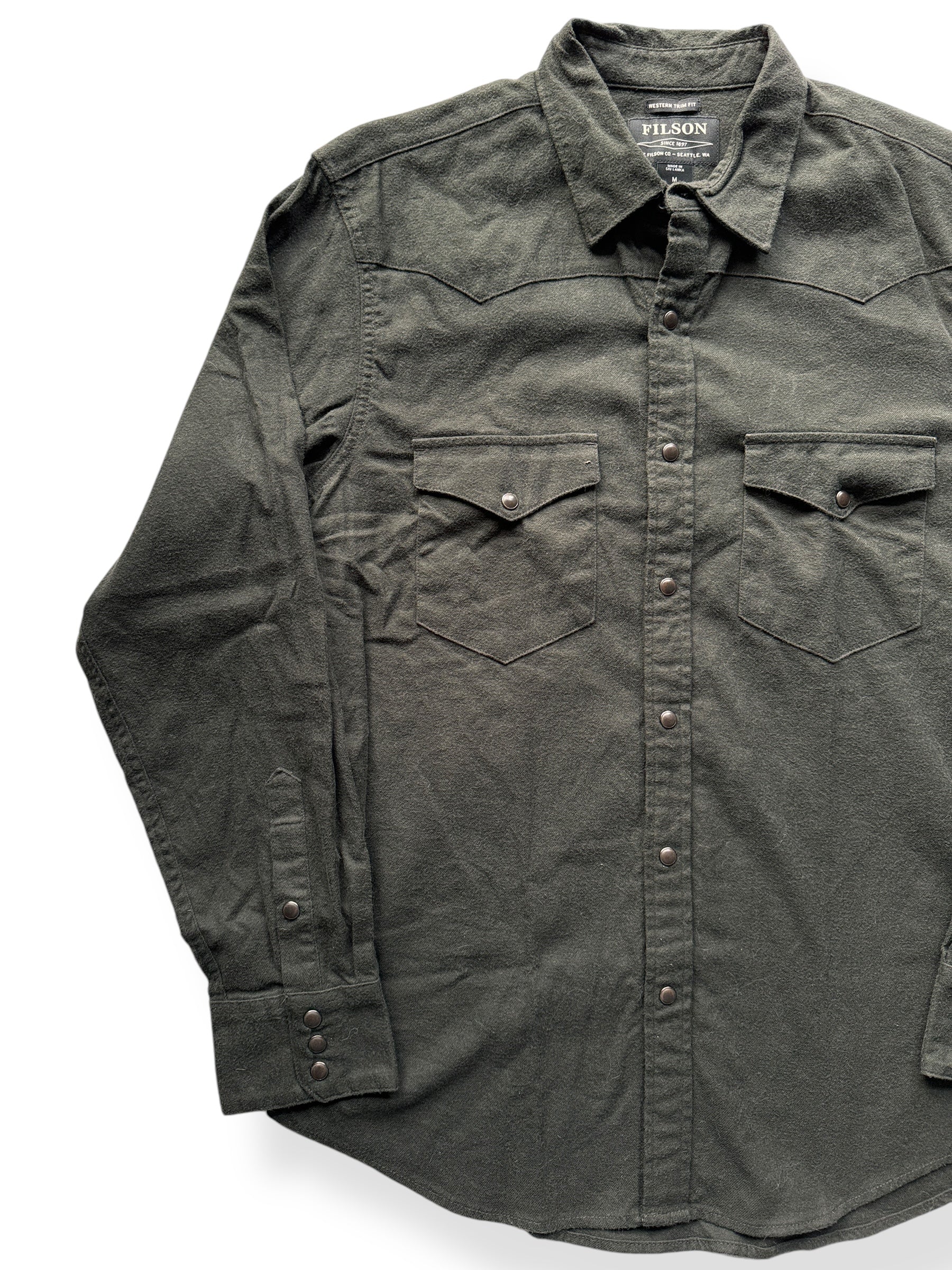 Front Right of Filson Faded Black Western Flannel Shirt SZ M