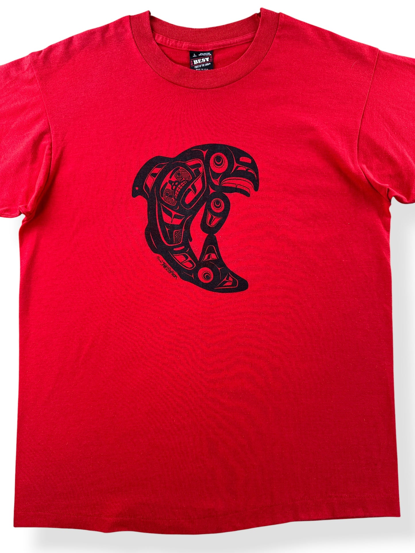 Front Close Up of Vintage Red 1990 First Nations Orca Tee SZ L