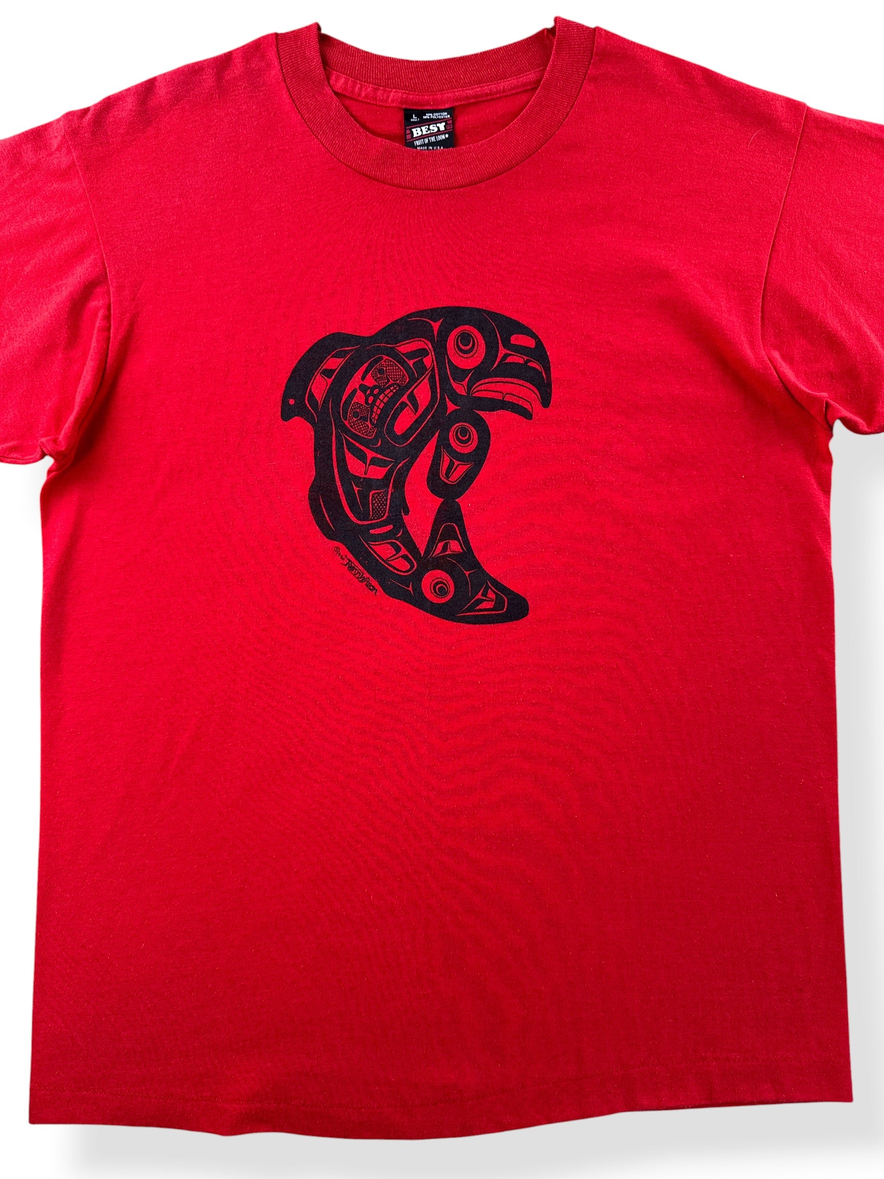 Front Close Up of Vintage Red 1990 First Nations Orca Tee SZ L