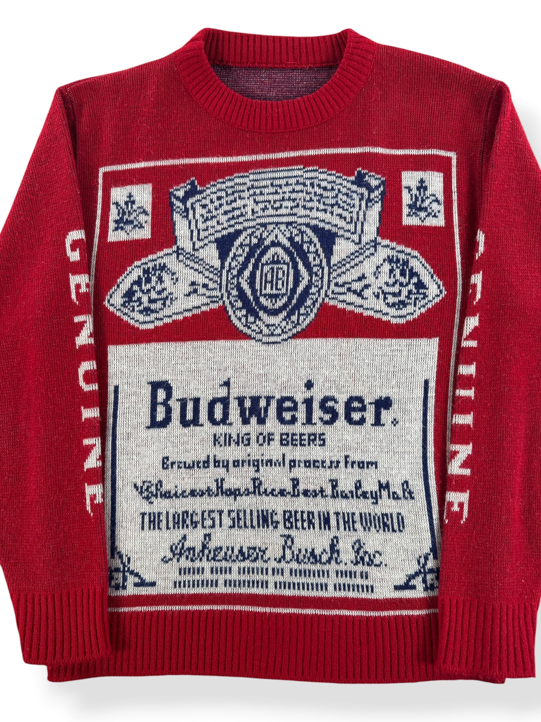 Front Close Up of Vintage Budweiser Knit Sweater SZ S