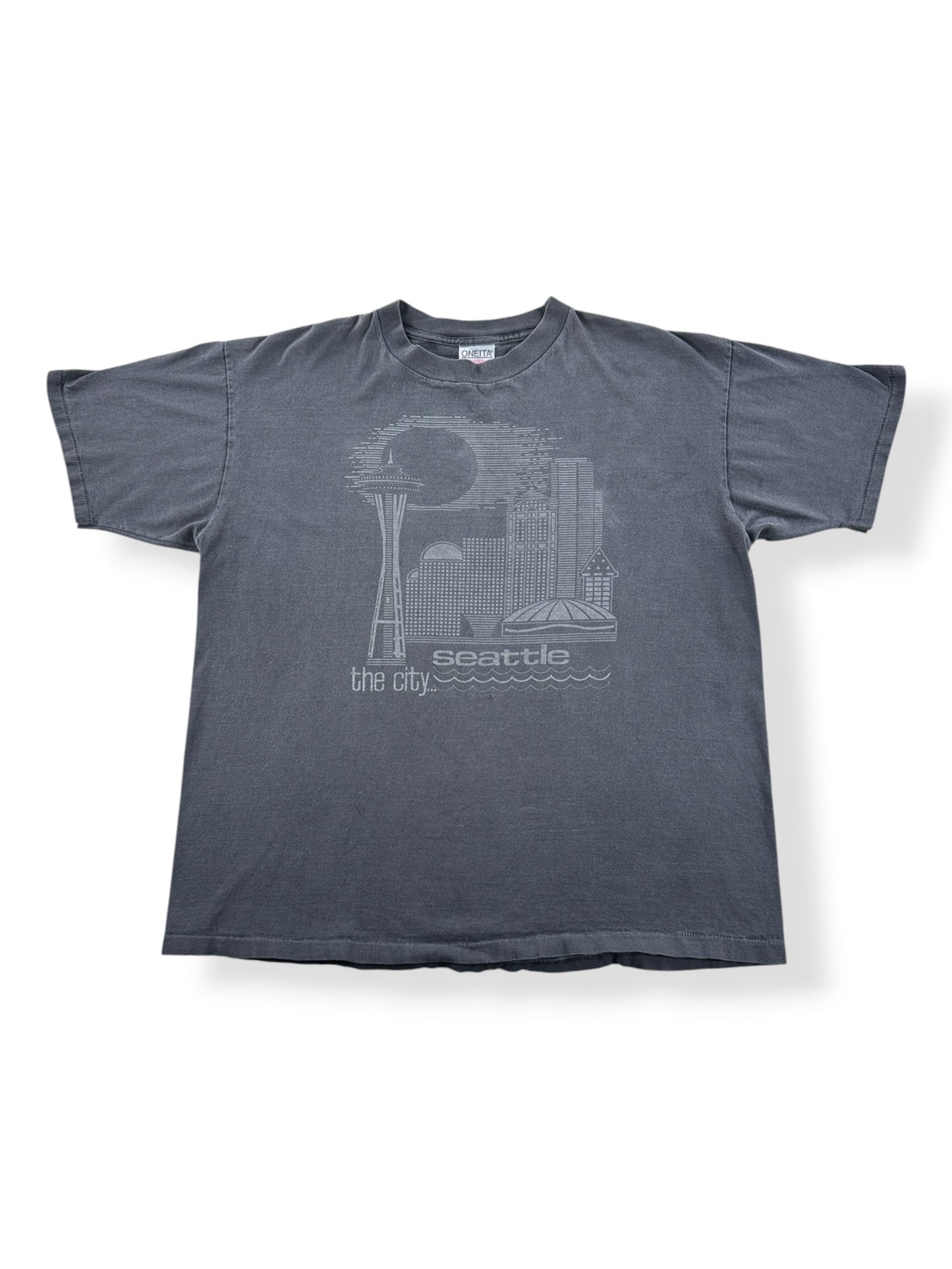 Front of Vintage Oneita Black on Black The City Seattle Tee SZ XL