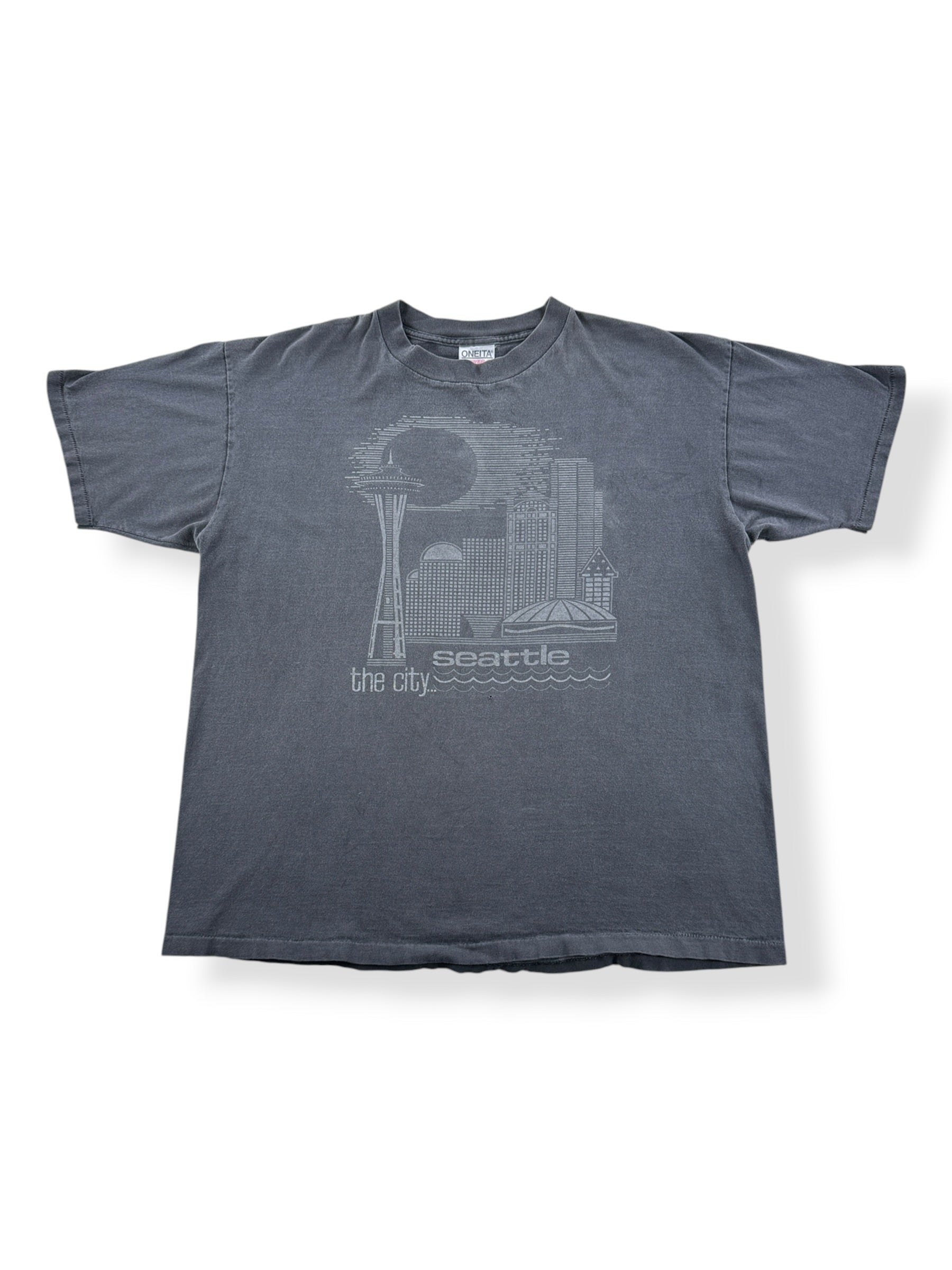 Front of Vintage Oneita Black on Black The City Seattle Tee SZ XL