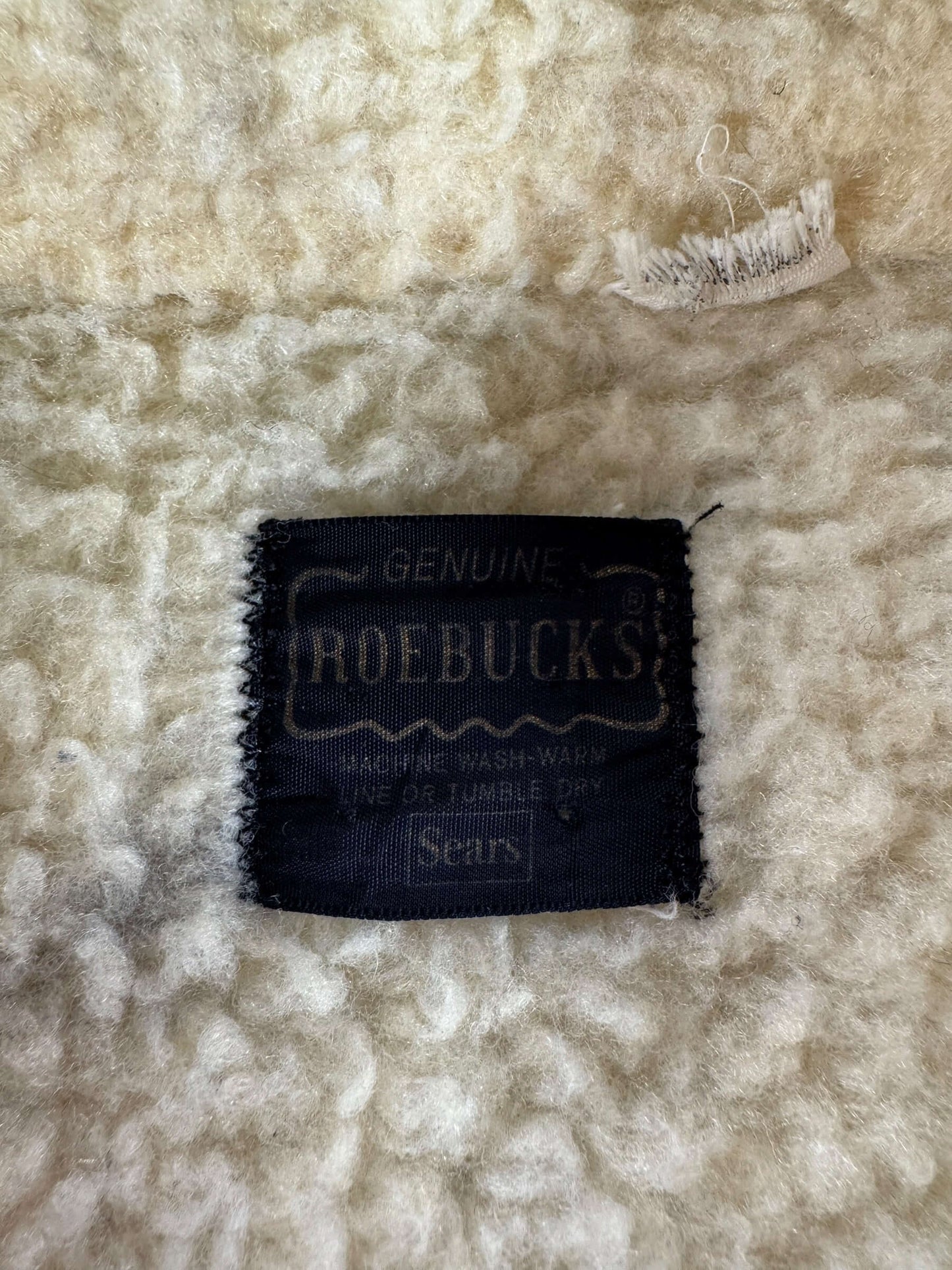 Label on Vintage Roebucks Raw Denim Shearling Jacket SZ 46
