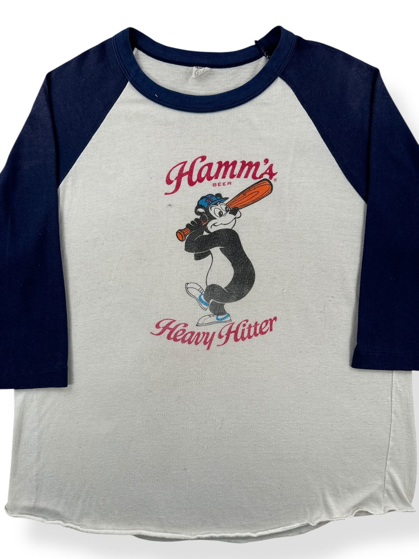 Front Close Up of Vintage Hamm's Heavy Hitter Raglan Tee SZ XL
