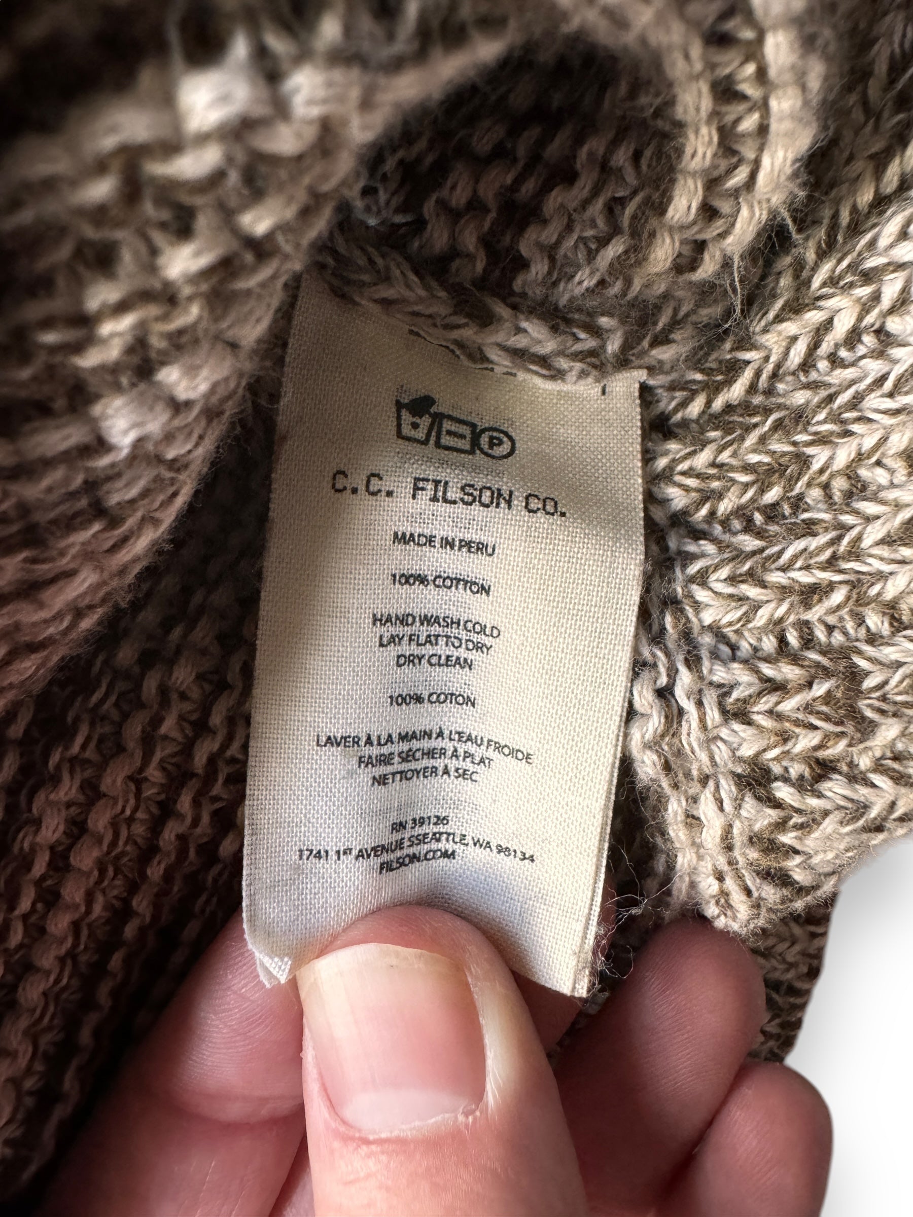 inside tag on Filson Lake Quinault Sweater SZ L