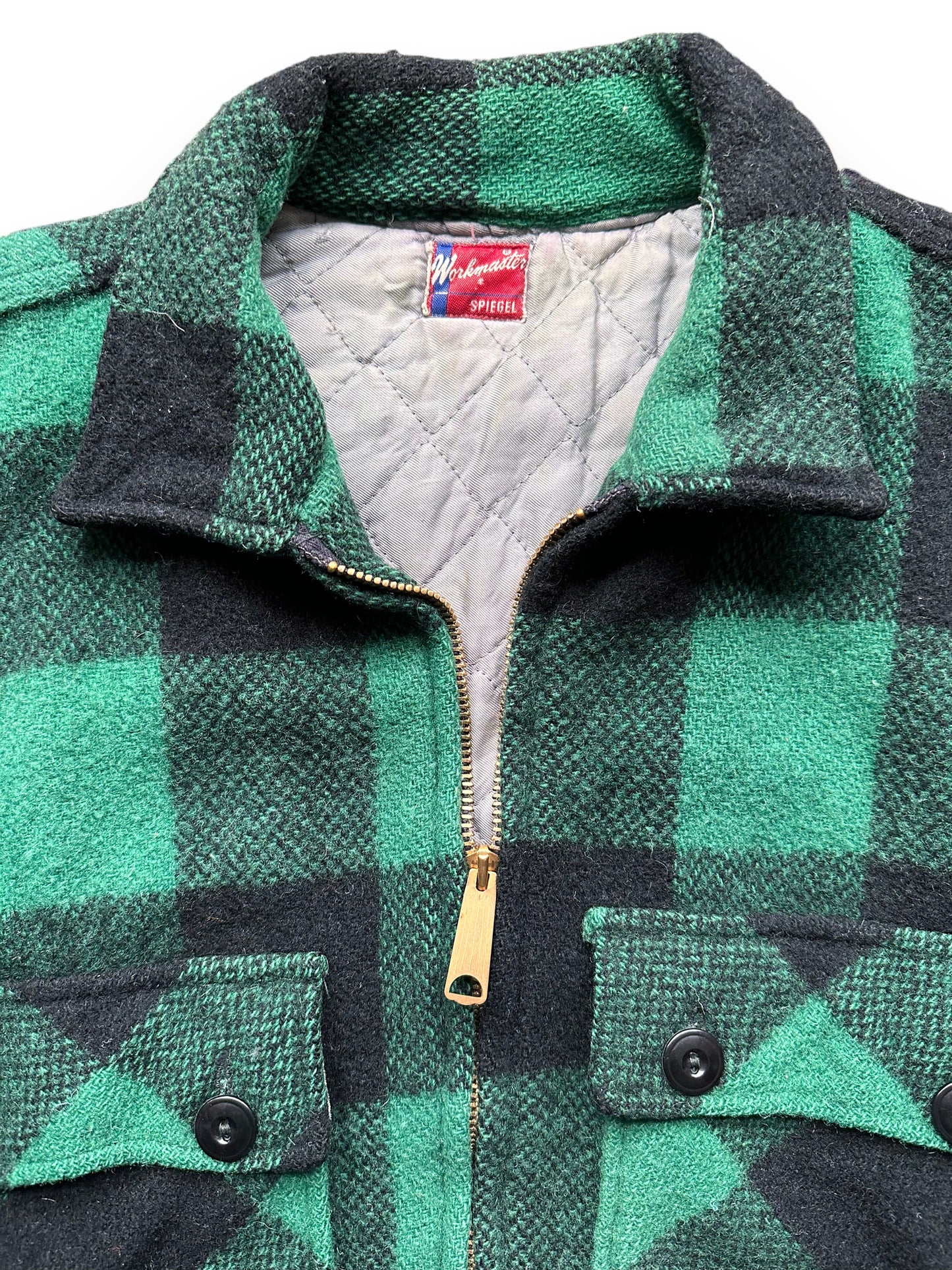 Upper Front Collar View of Vintage Green & Black Spiegel Workmaster Jacket SZ L | Vintage Wool Jacket Seattle | Barn Owl Vintage Seattle