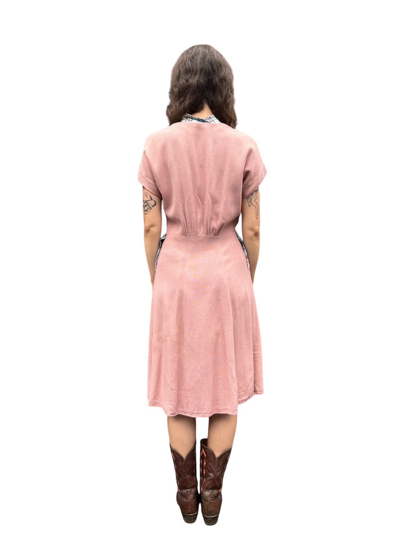 Back view of 1940s Radlo's Pink Cotton Dress with Plaid Pockets S-M