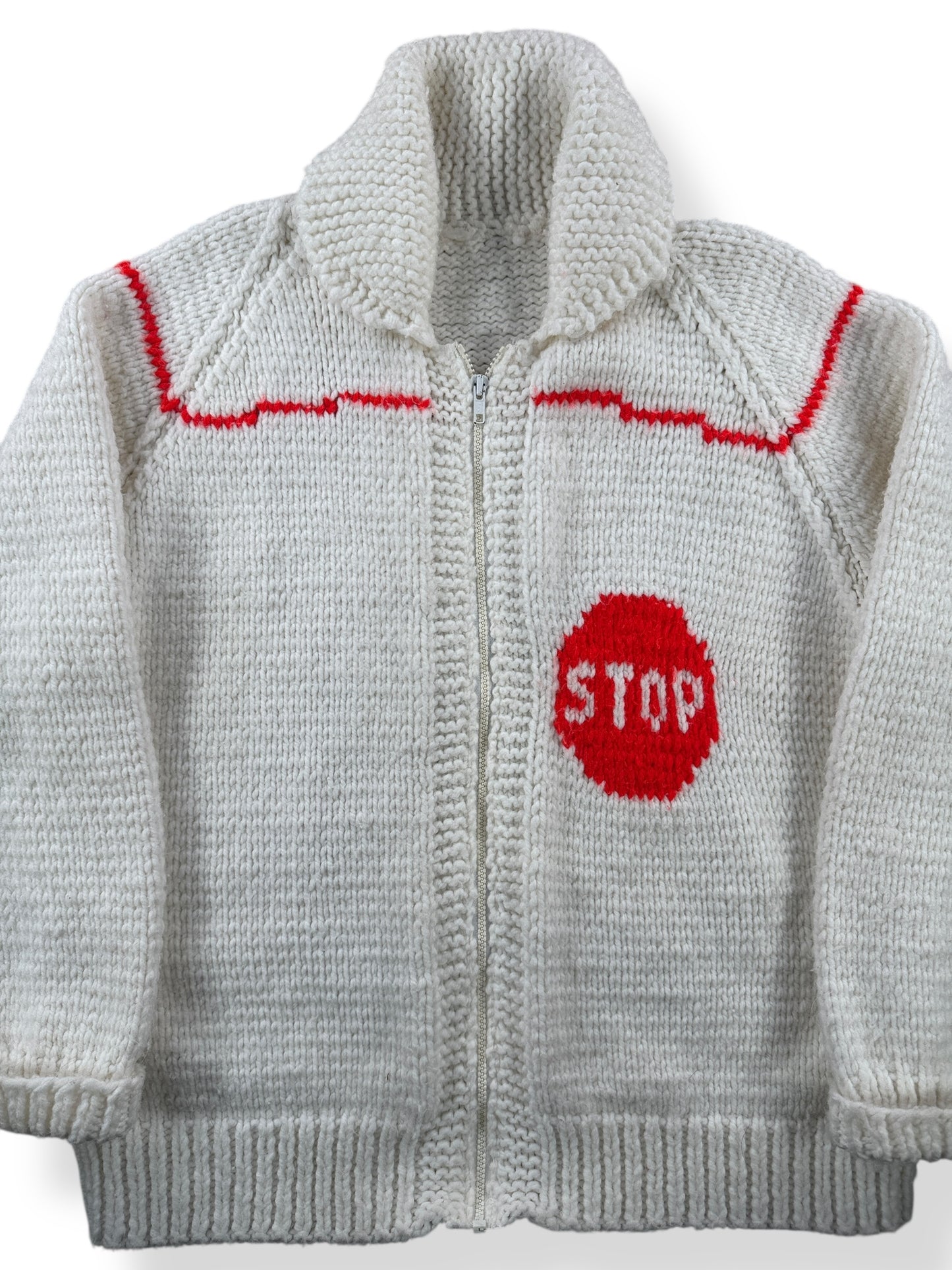 Front Close Up of Vintage School Bus Cowichan Style Sweater SZ L