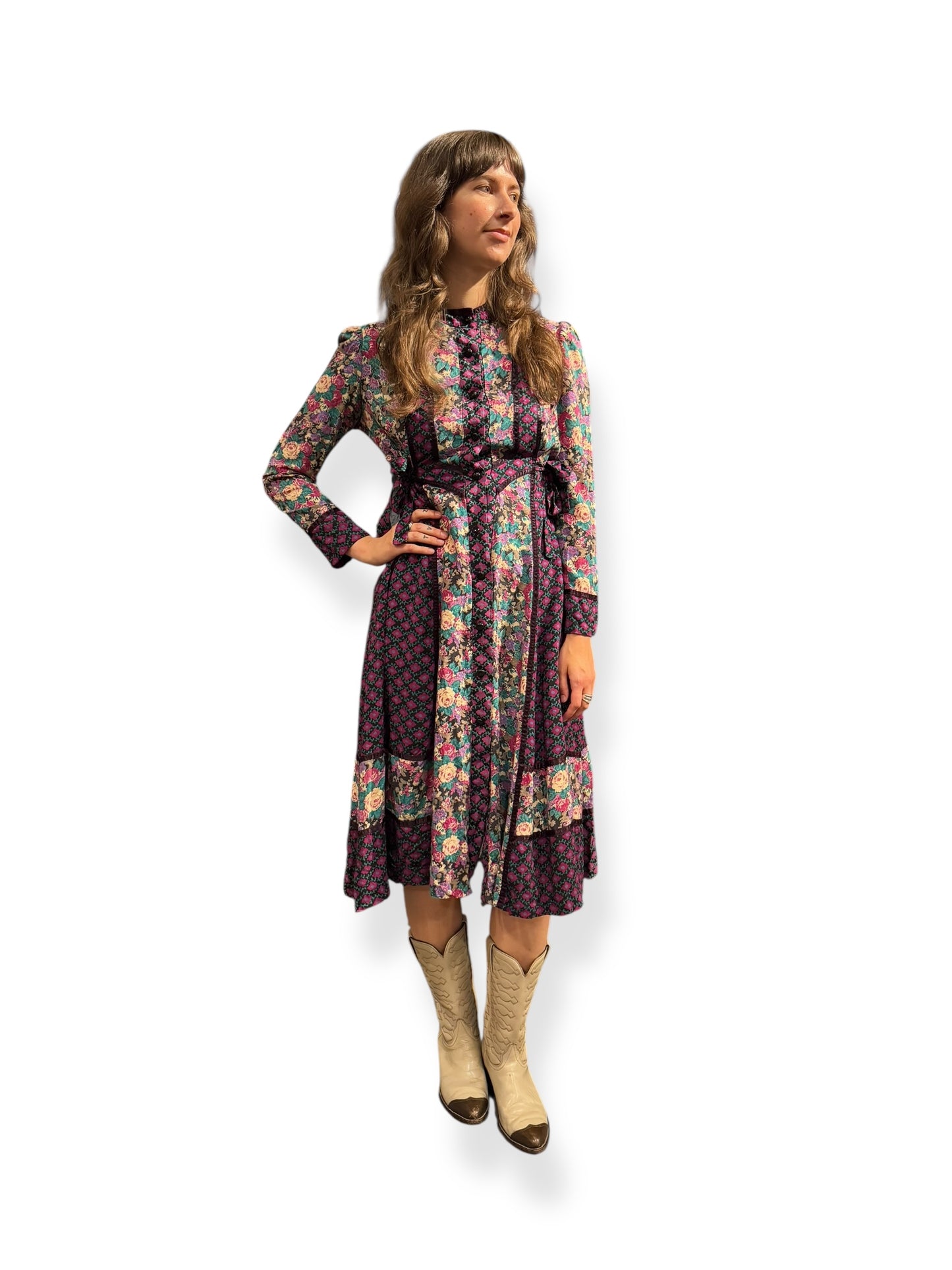 Front view of 1970s Patchwork Floral Dress S-M