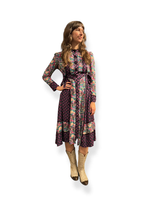 Front view of 1970s Patchwork Floral Dress S-M