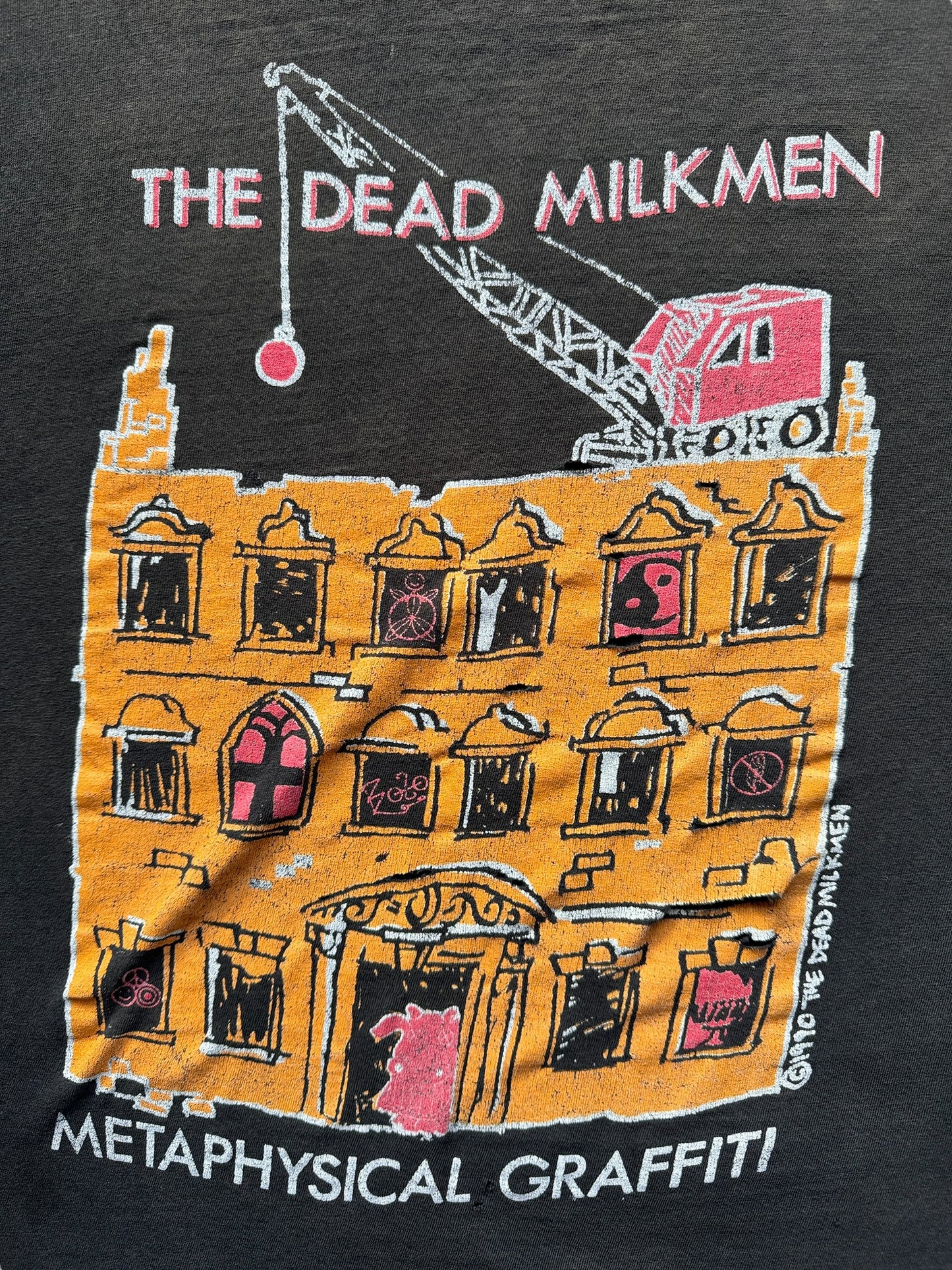 Front Graphic of Vintage Dead Milkmen 1990 Metaphysical Graffiti Tee AS IS SZ L