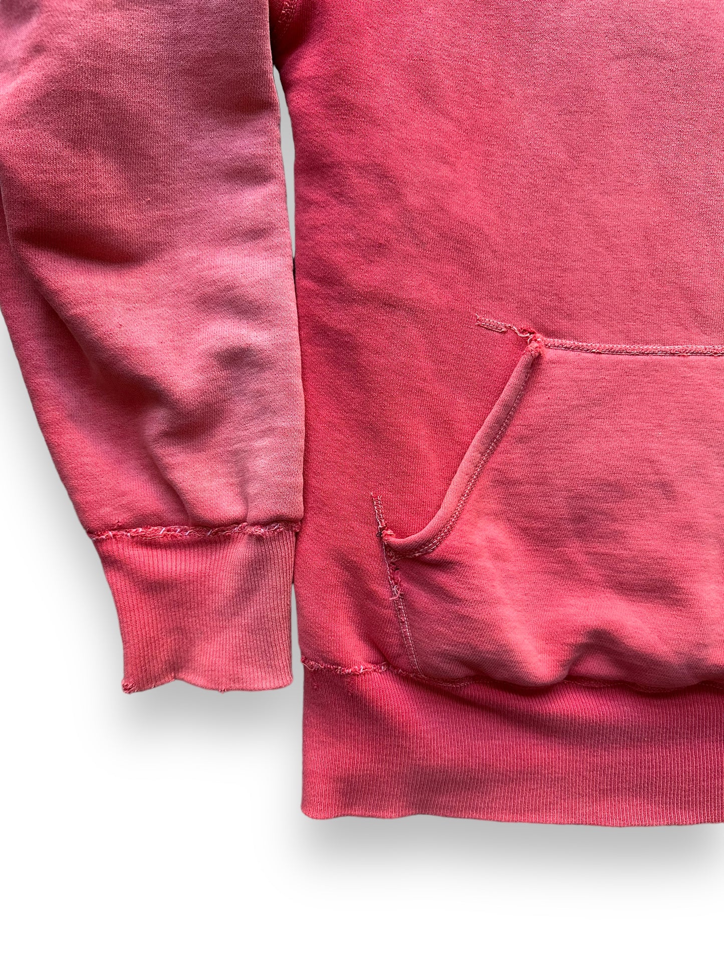 Front Right Cuffs and Fading on Vintage Red De Jac Waffle Lined Hooded Sweatshirt SZ L | Vintage Waffle Sweatshirt Seattle | Barn Owl Vintage Clothing
