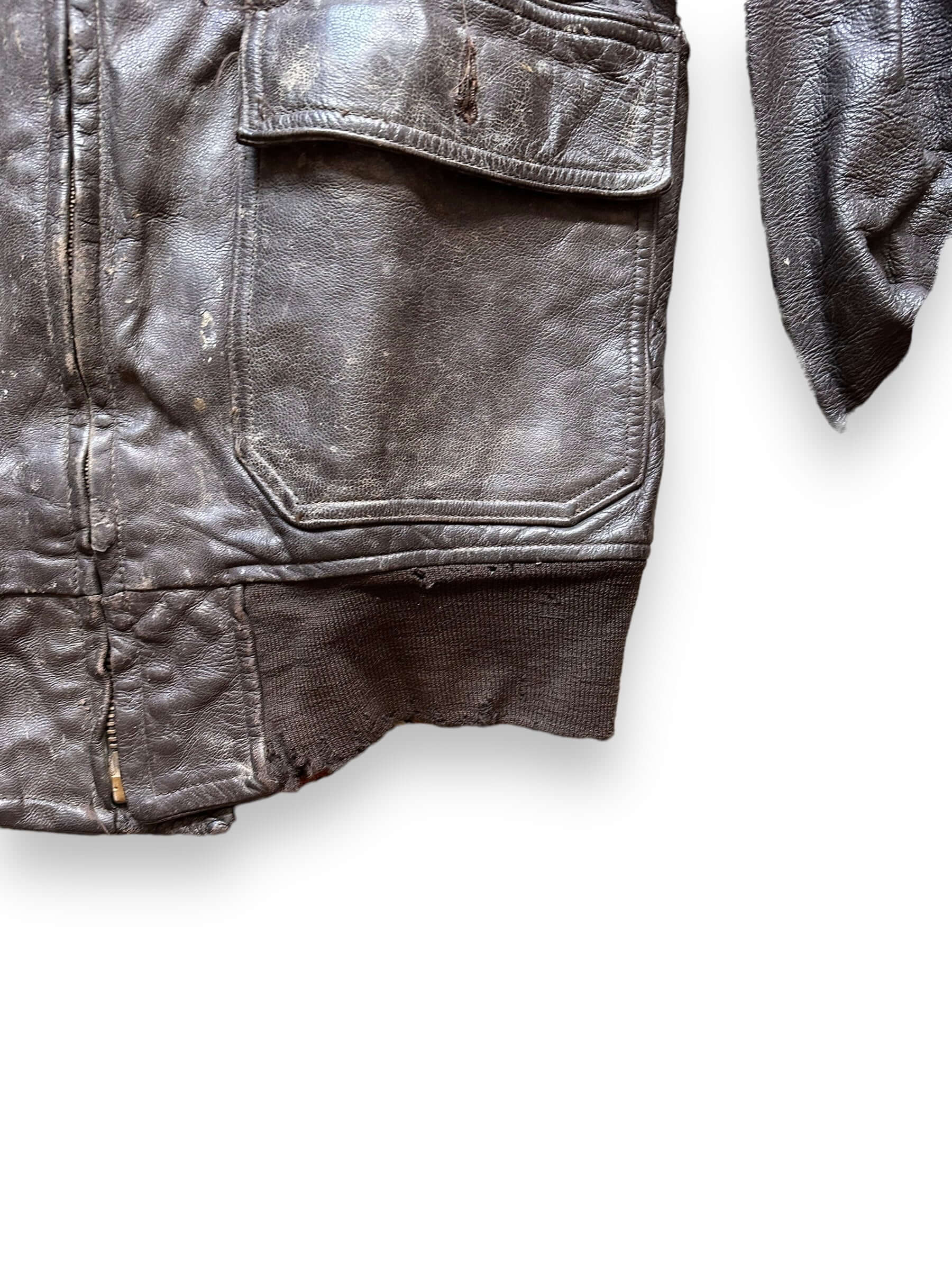 Lower Front Left View of Vintage 60's Era Distressed G-1 Leather Jacket SZ 40 |  Vintage Leather Jackets Seattle