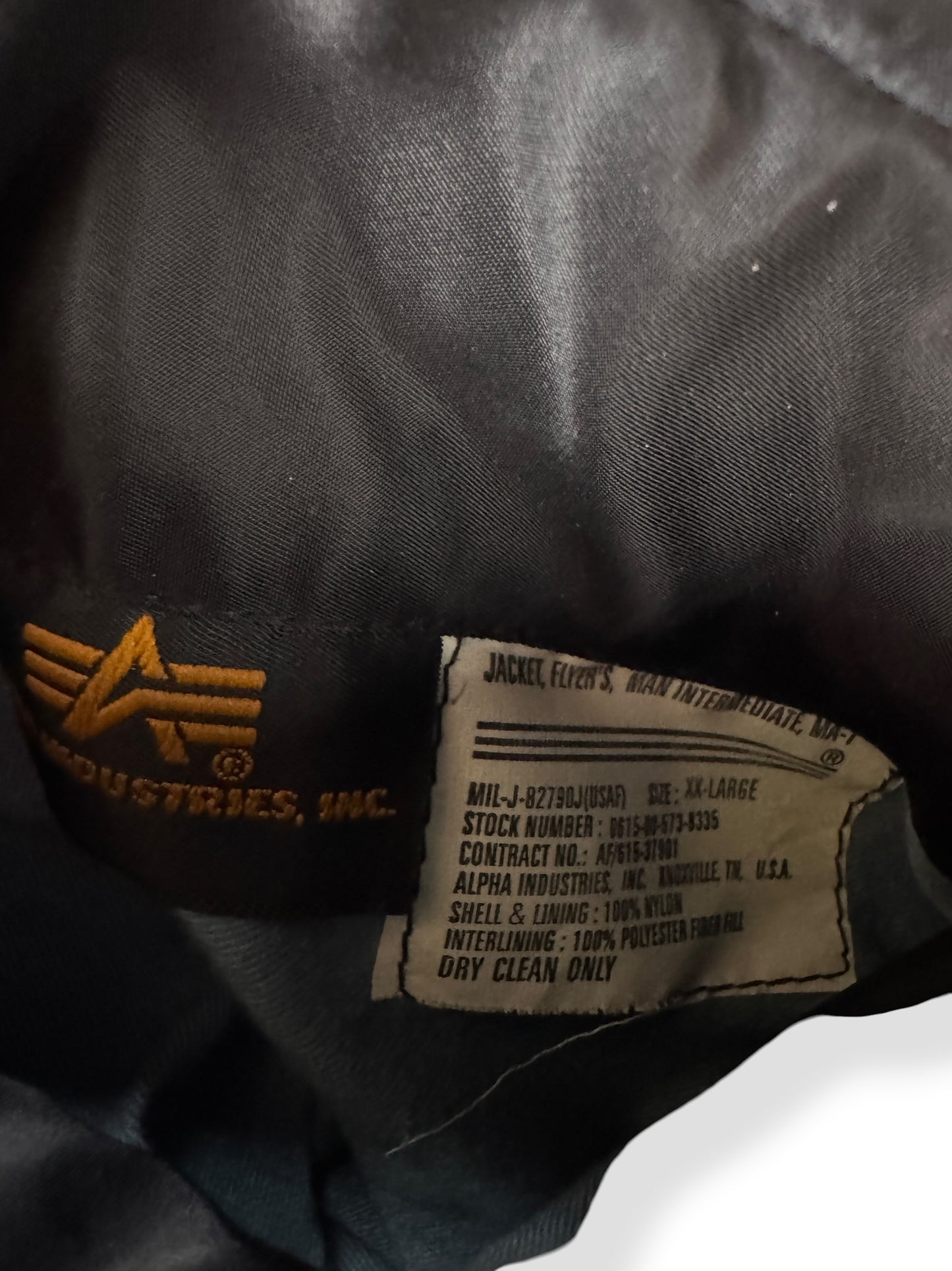 Tag on Black Alpha Industries MA-1 Bomber Jacket SZ XXL