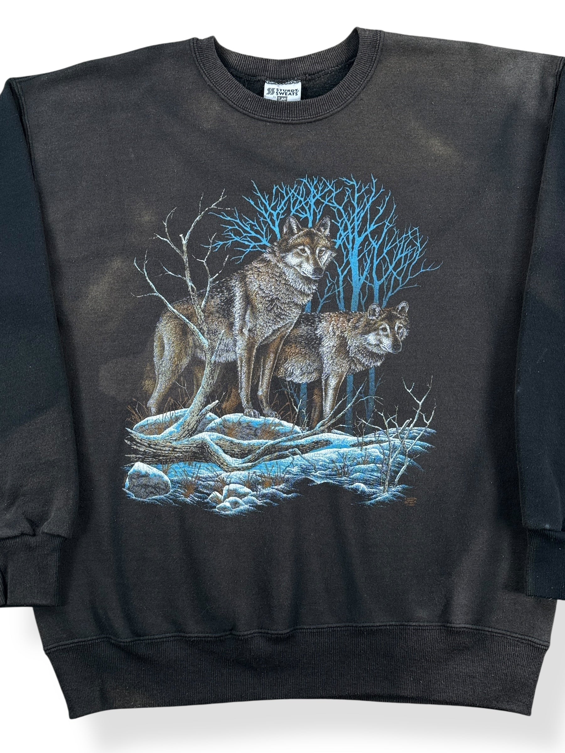 Front Close Up of Vintage Faded Wolf Crewneck SZ L